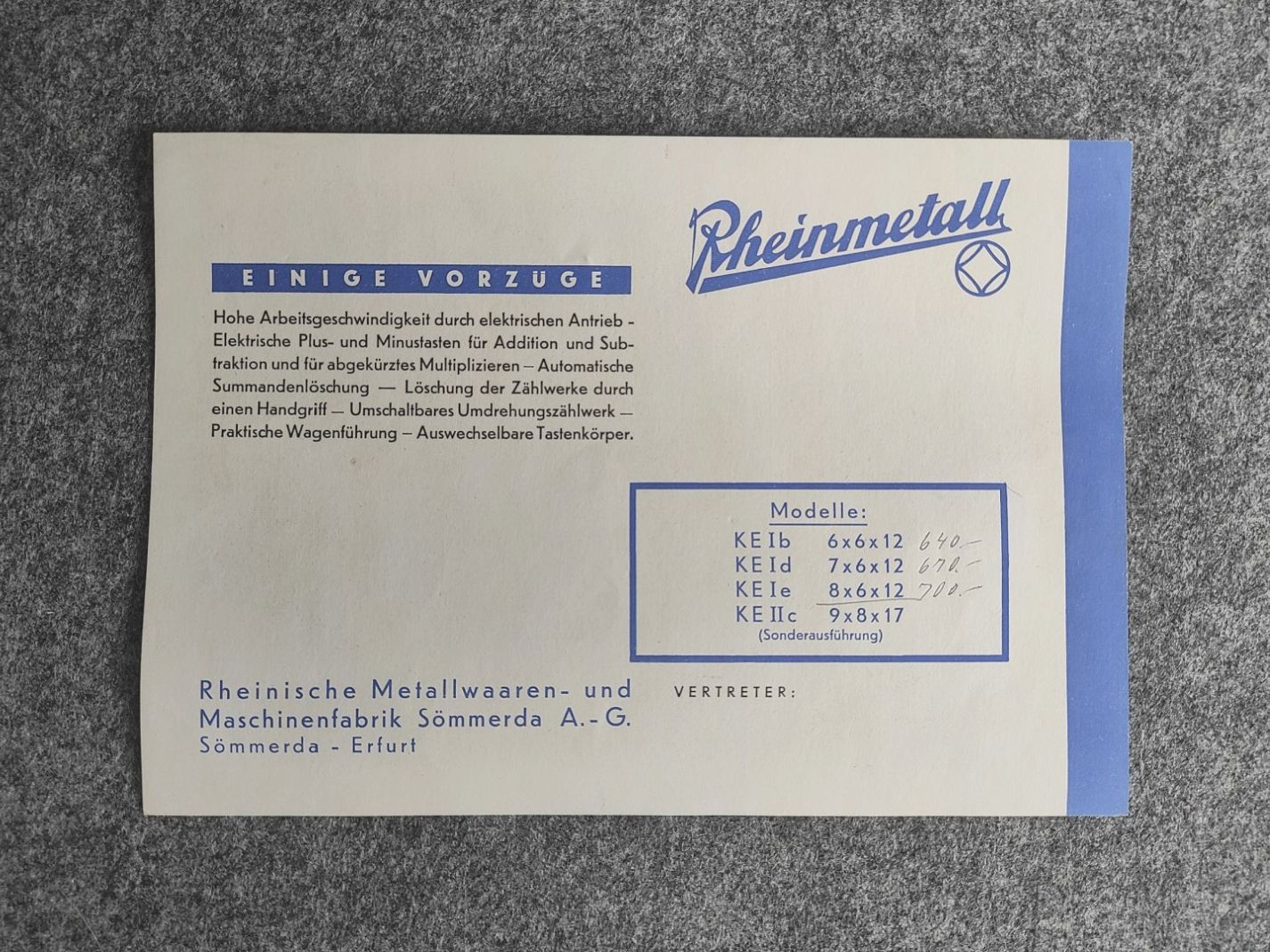 Rheinmetall Werbeblatt Elektrische Rechenmaschine Modell KEI Sömmerda Erfurt Rheinmetall Werbeblatt Elektrische Rechenmaschine Modell KEI Sömmerda Erfurt