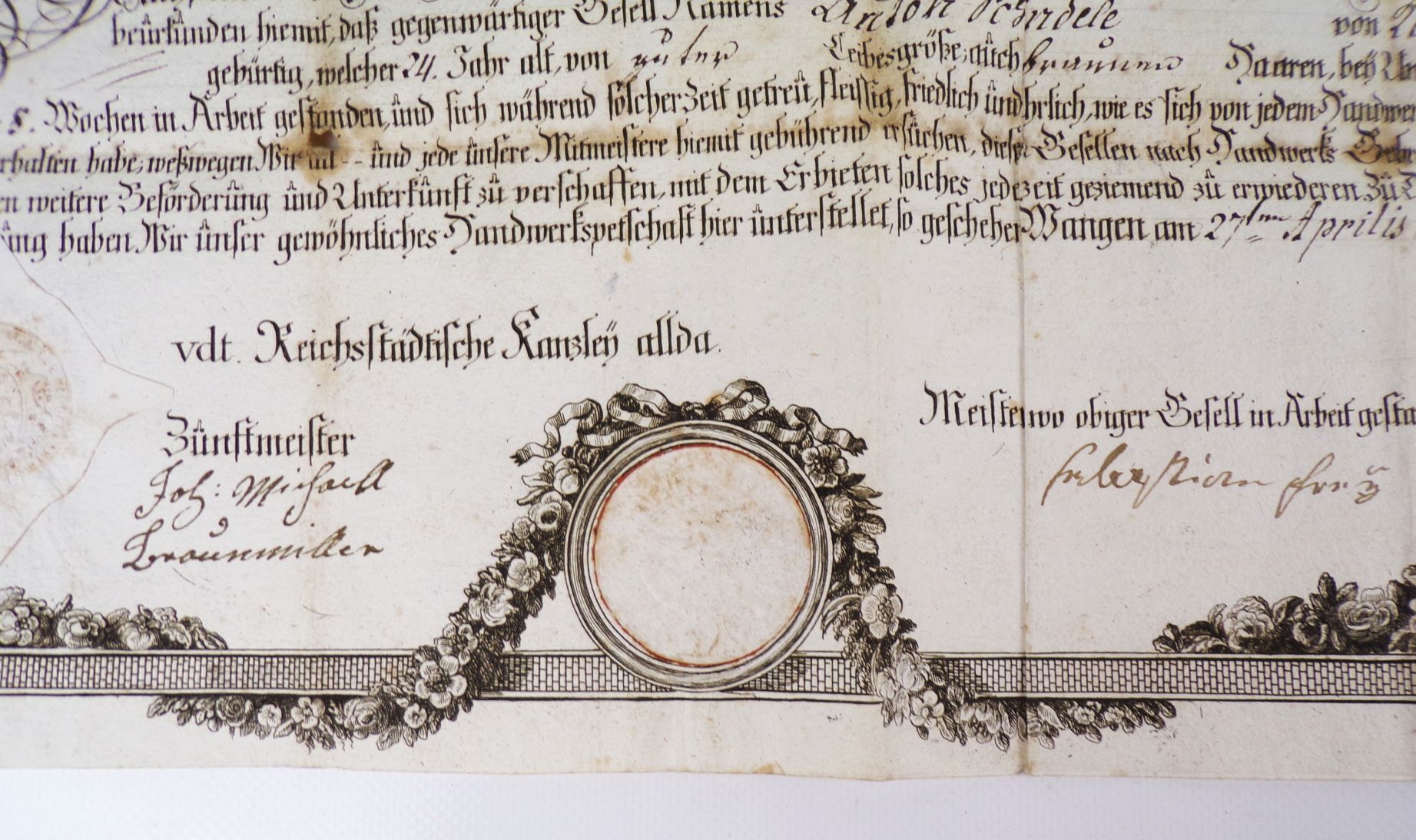 Uralter Gesellenbrief Zimmermann 1794 Wangen Allgäu Kupferstich