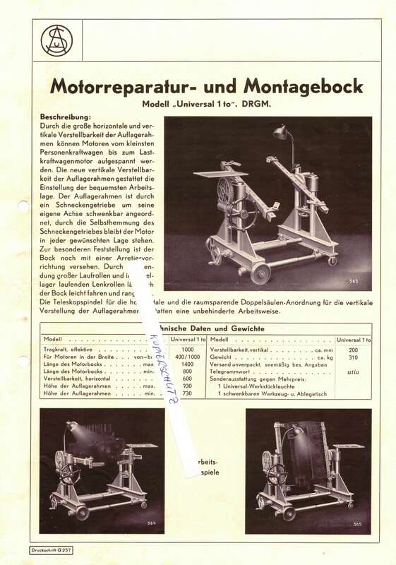 Dokument Auerbach & Scheibe Saalfeld Werbeblatt Werkstatt Werkzeug Montageblock Rückenroller