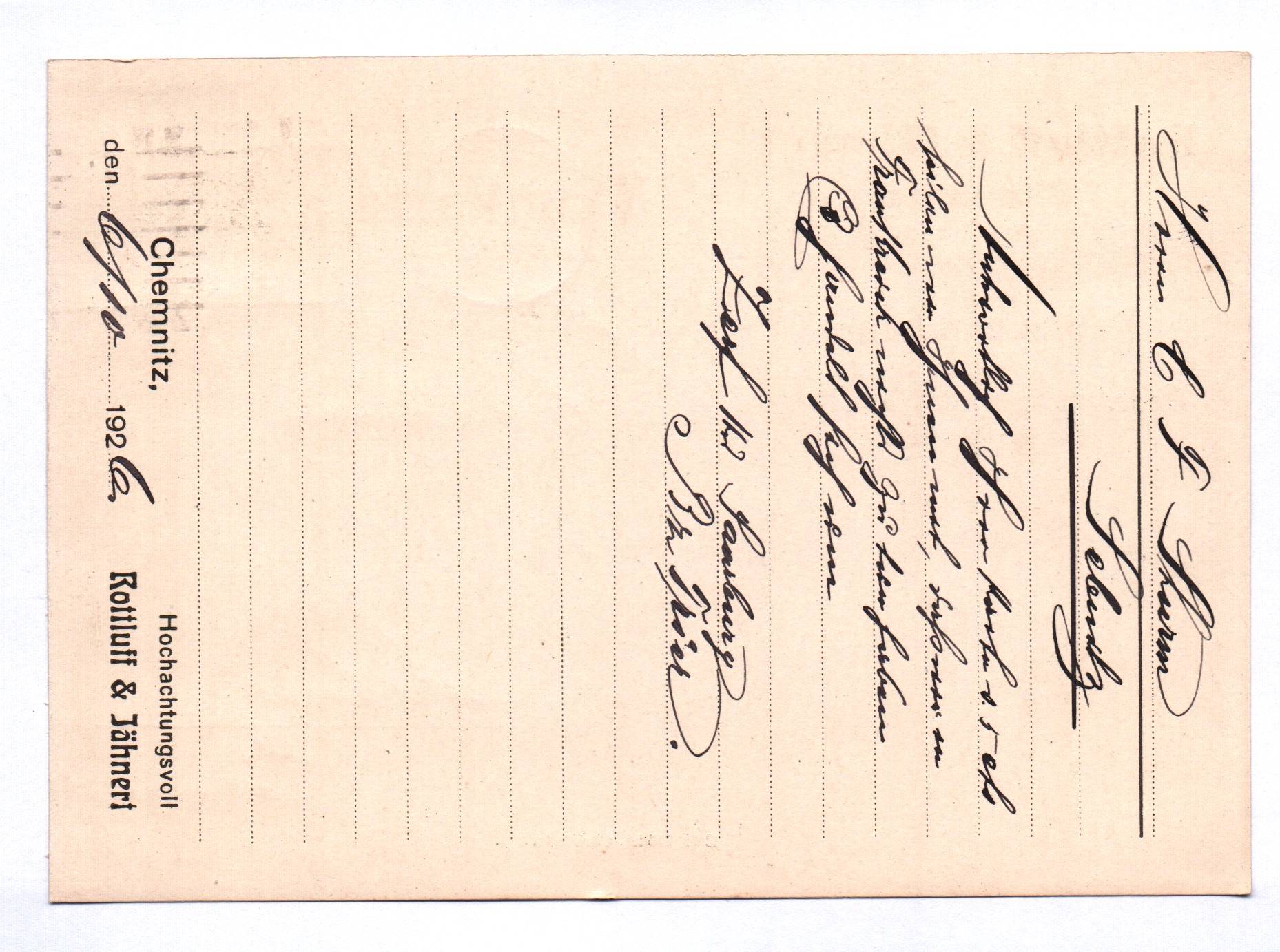 Postkarte Rottluff und Jähnert Chemnitz Fabrik und Lager 1926 Postkarte Rottluff und Jähnert Chemnitz Fabrik und Lager 1926