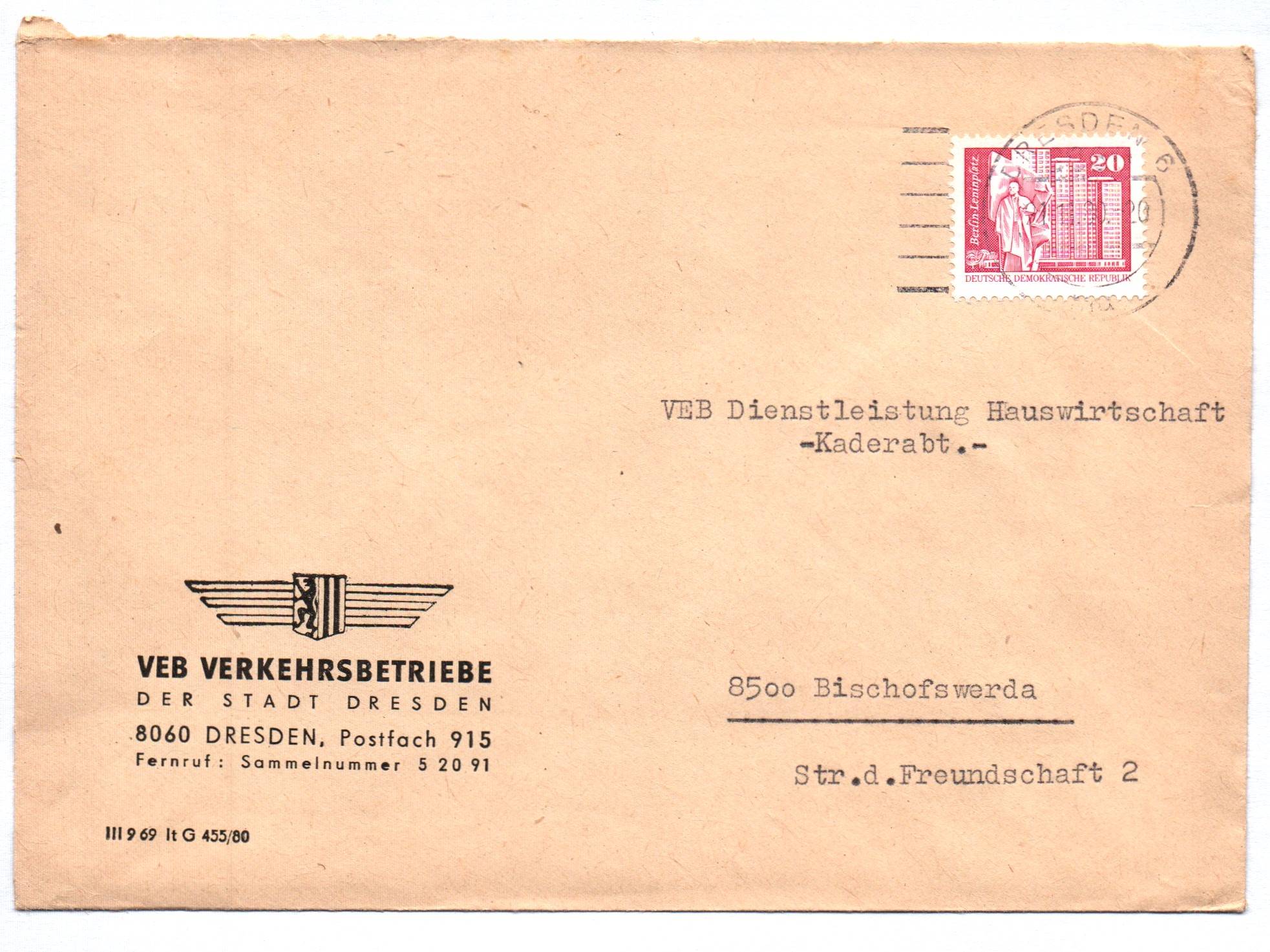 Brief VEB Verkehrsbetriebe der Stadt Dresden DDR Brief VEB Verkehrsbetriebe der Stadt Dresden DDR
