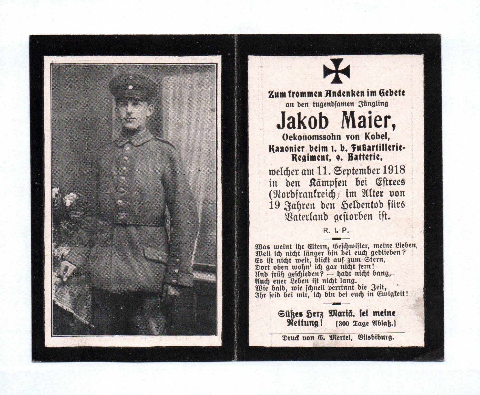 Sterbebild 1918 Kanonier Fußartillerie Regiment 9 Batterie