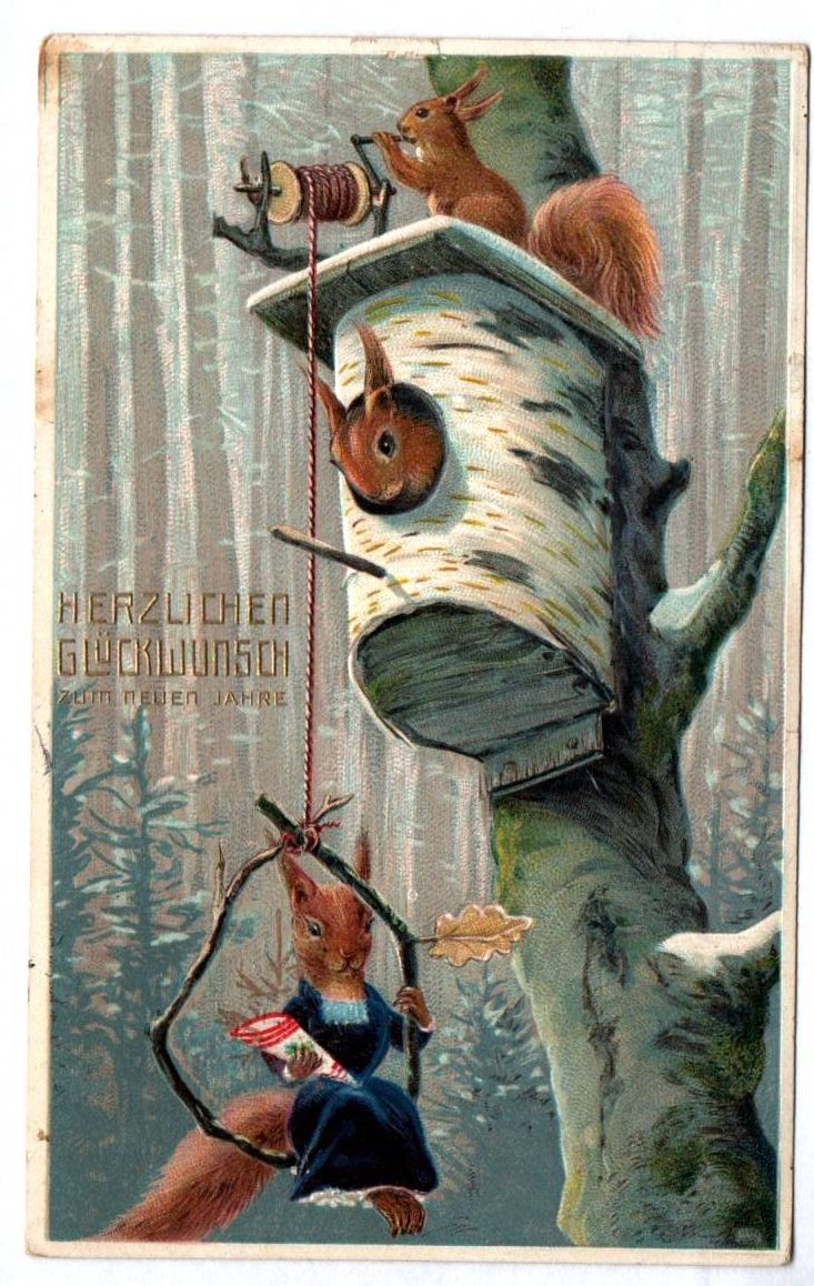 Präge Ak verspielte Eichhörnchen 1915 Neujahrs 