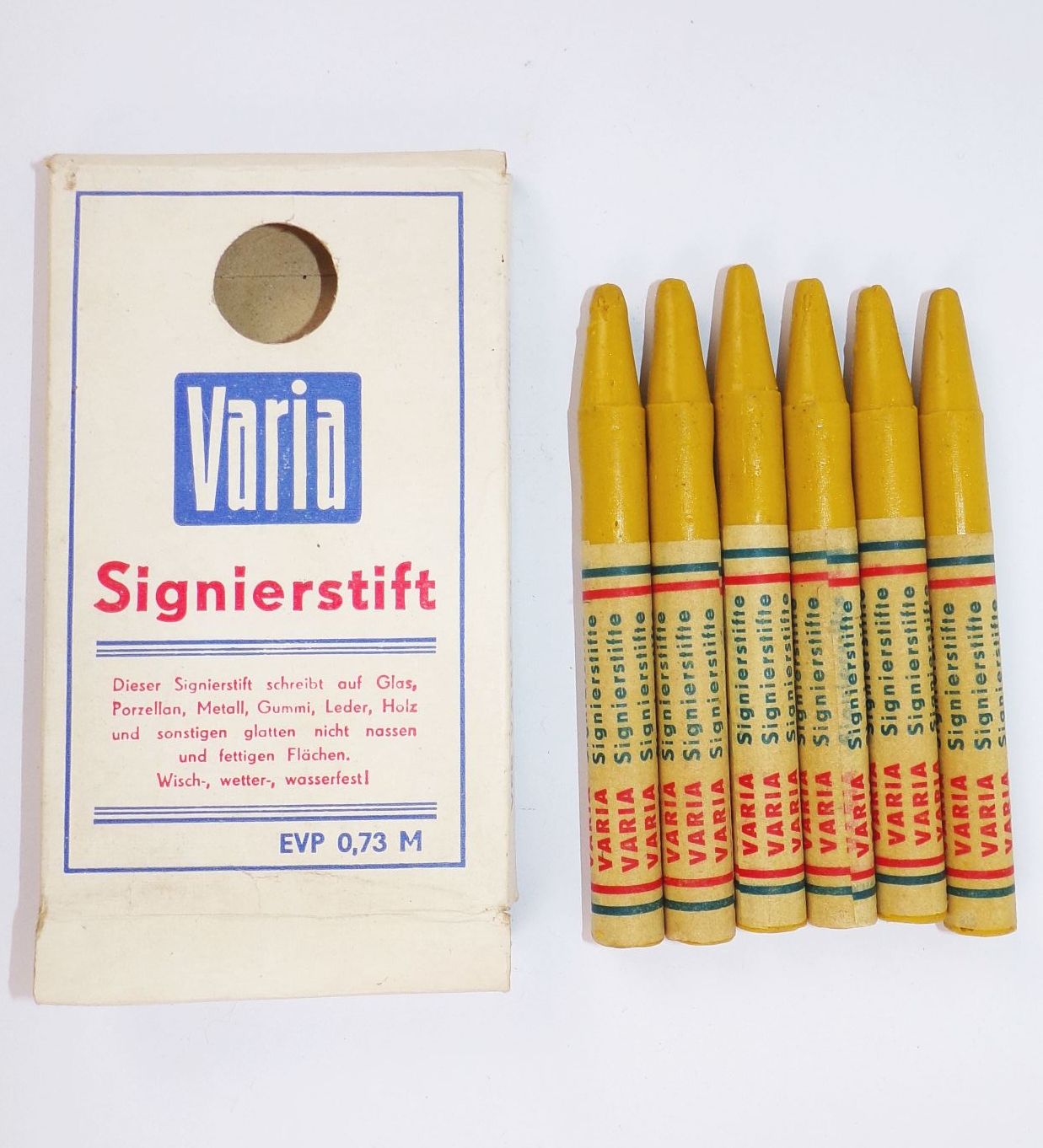 DDR Signerstift Gelb VEB Varia Mügeln für glatte Flächen Glas Holz Leder Porzellan 