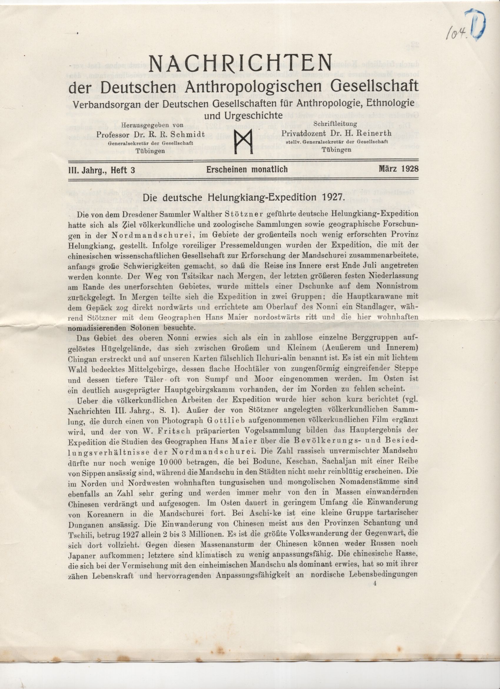 Die deutsche Helungkiang Expedition 1927 Nachrichten Anthropologische Gesellschaft