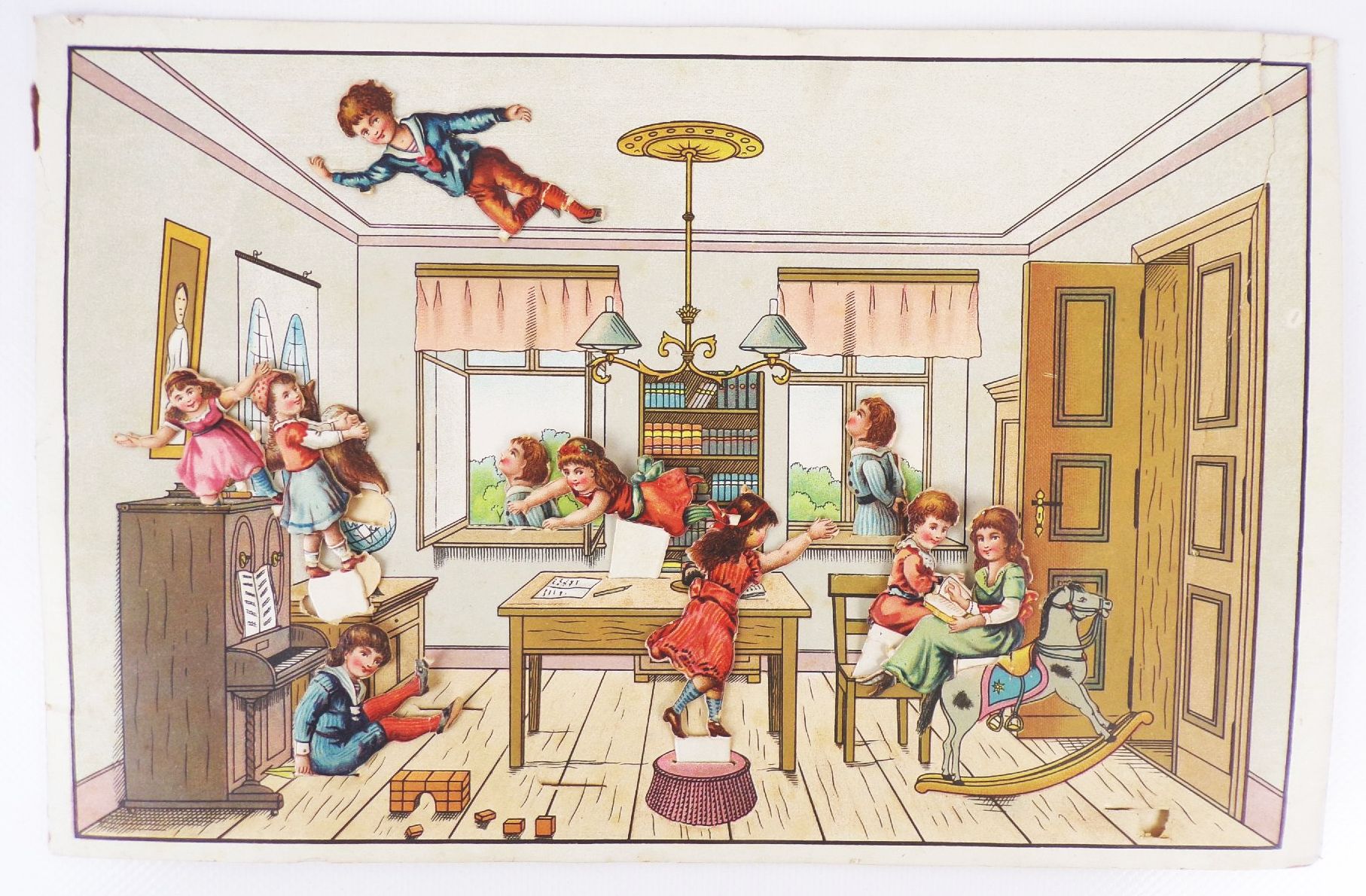 Des Kindes liebstes Spiel um 1890 Litho Steckbilder oder bewegte Bilder 