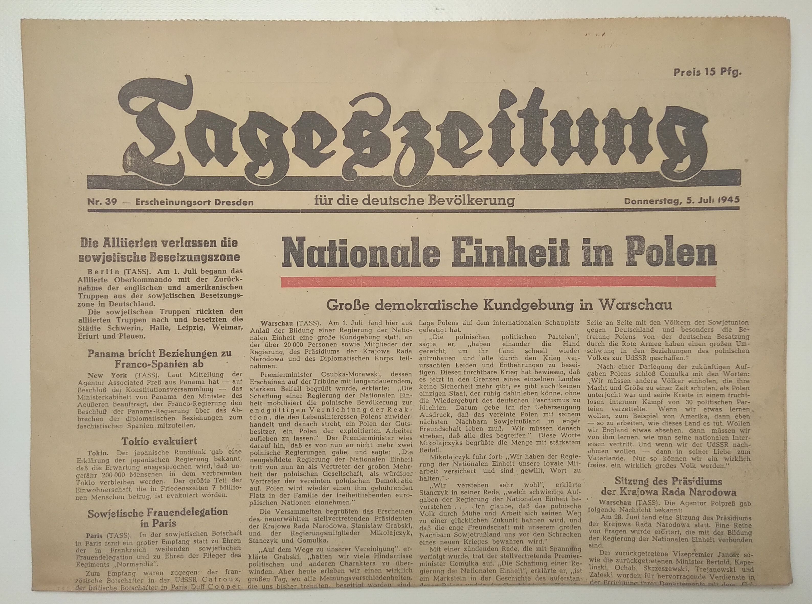 Tageszeitung Nationale Einheit in Polen 1945 Nr 39 alte Zeitung