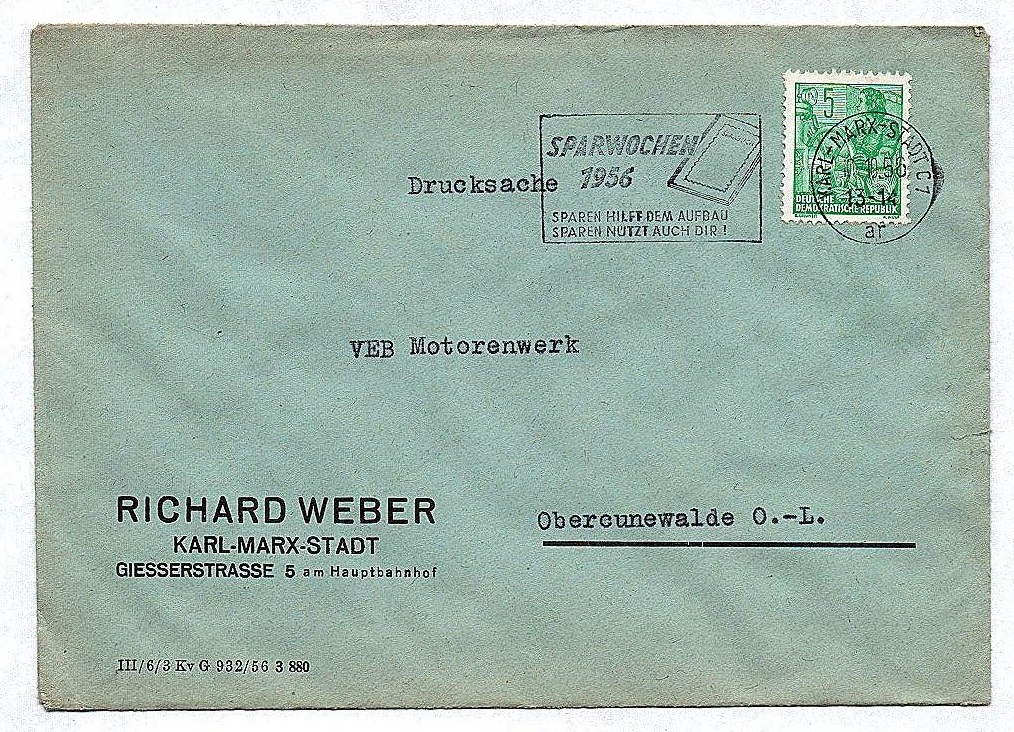 Drucksache Richard Weber Karl Marx Stadt an VEB Motorenwerk Cunewalde 1956 DDR
