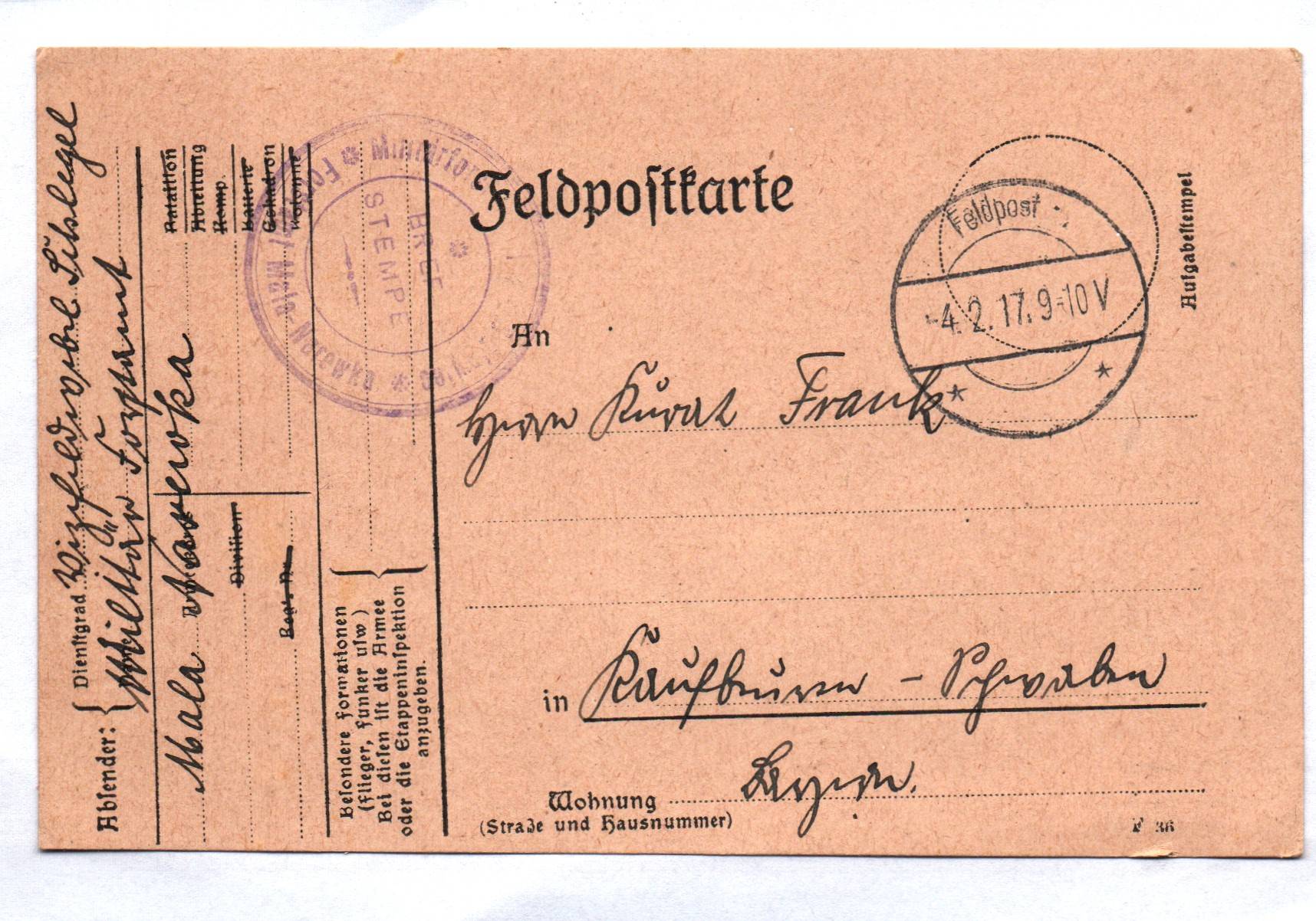 Feldpostkarte Militär Forstamt Mala Narewka 1917 Stempel Polen