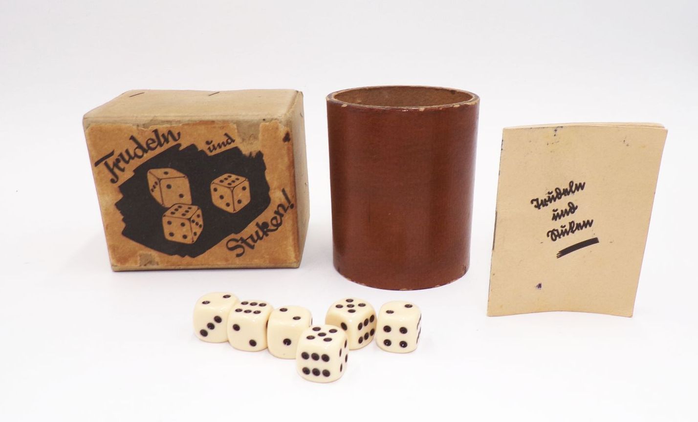 Alter Knobelbecher Trudeln und Stuken mit Originalkarton Würfelspiel