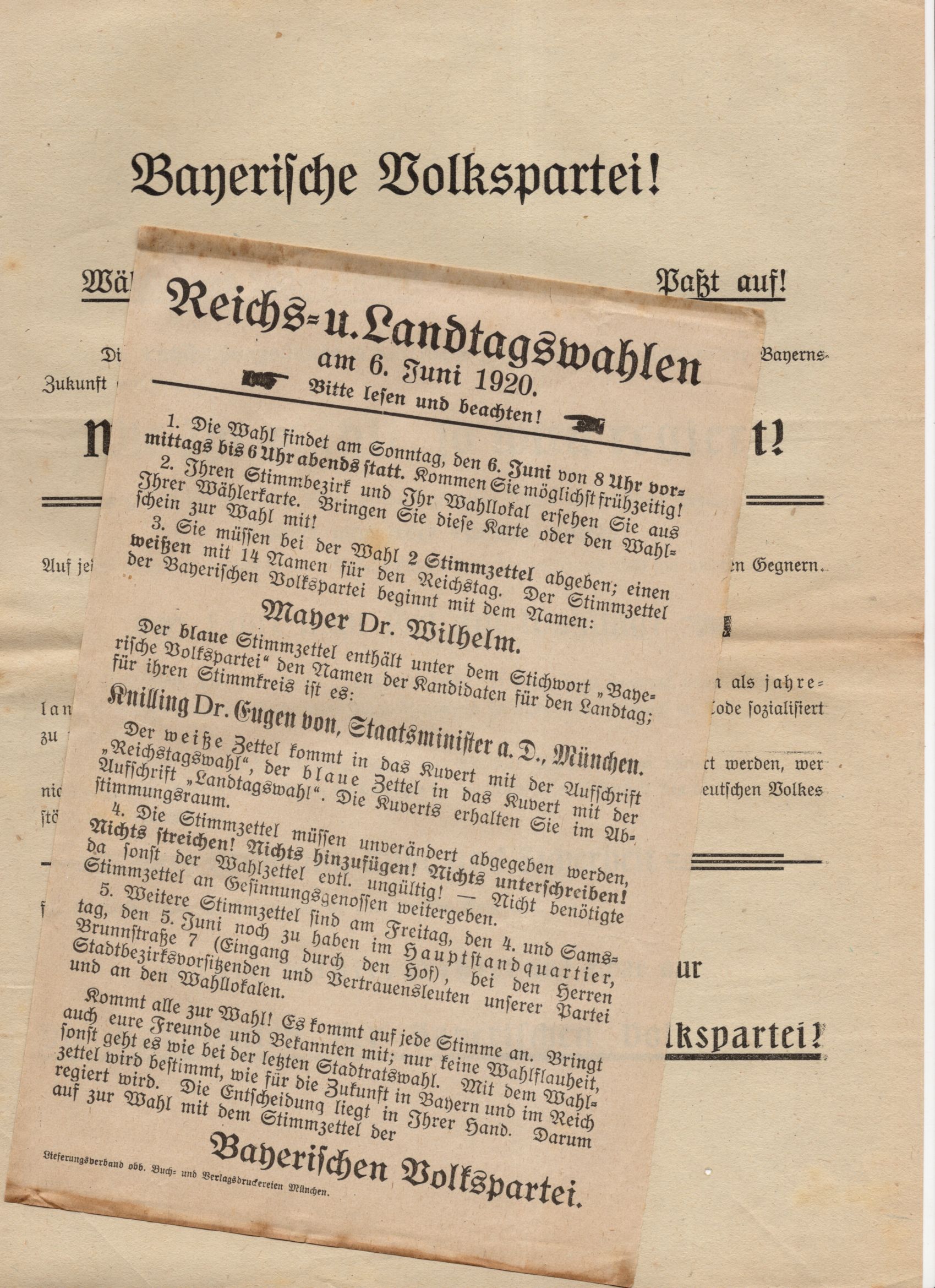 Flugblatt Bayerische Volkspartei 1920 Reichstagswahlen Landtag 2 Stück