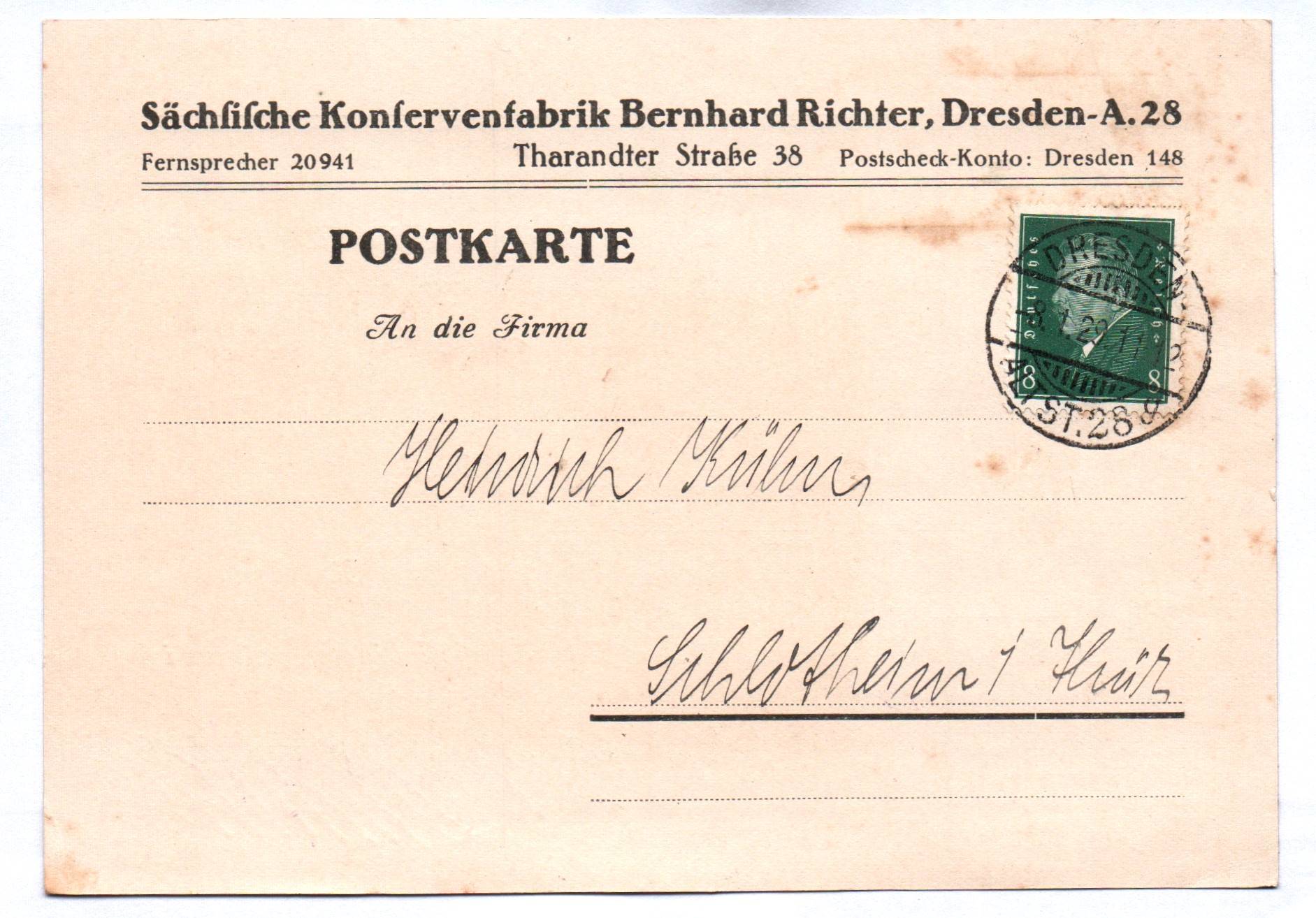 Postkarte Sächsische Konservenfabrik Bernhard Richter Dresden 1929 Postkarte Sächsische Konservenfabrik Bernhard Richter Dresden 1929