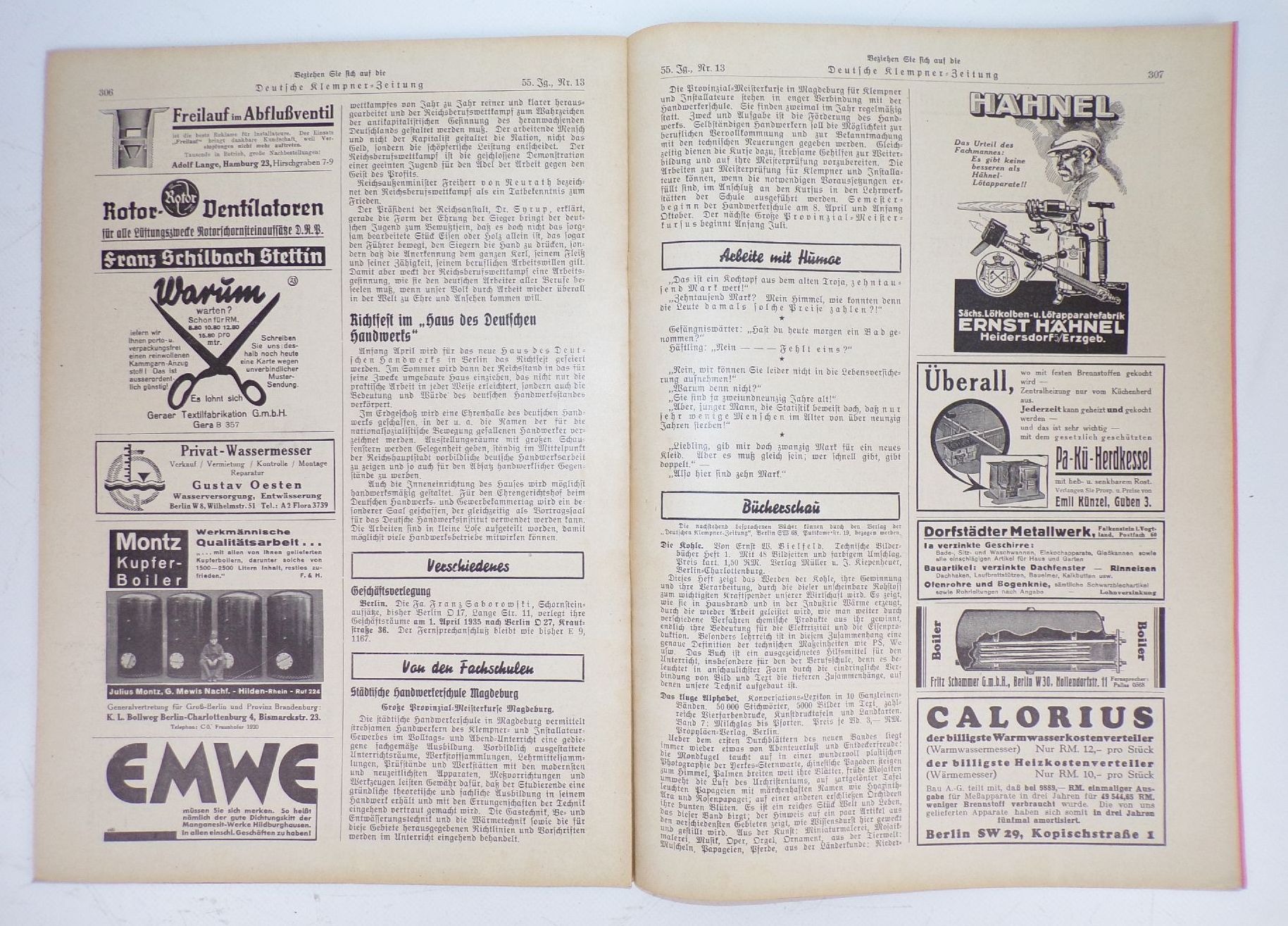 Deutsche Klempner Zeitung Installateur Anzeigen Reklame um 1938