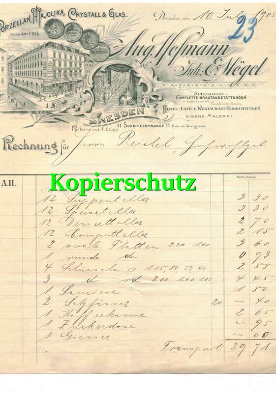 Litho Rechnung Aug. Hofmann Porzellan Restaurant Dresden Scheffelstrasse 1905 !