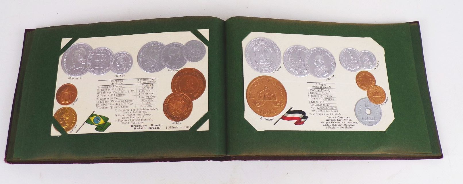 Geldsorten aller Länder Postkartenalbum Geld Münz Ansichtskarten um 1910 Rarität 45 Präge Ansichtskarten