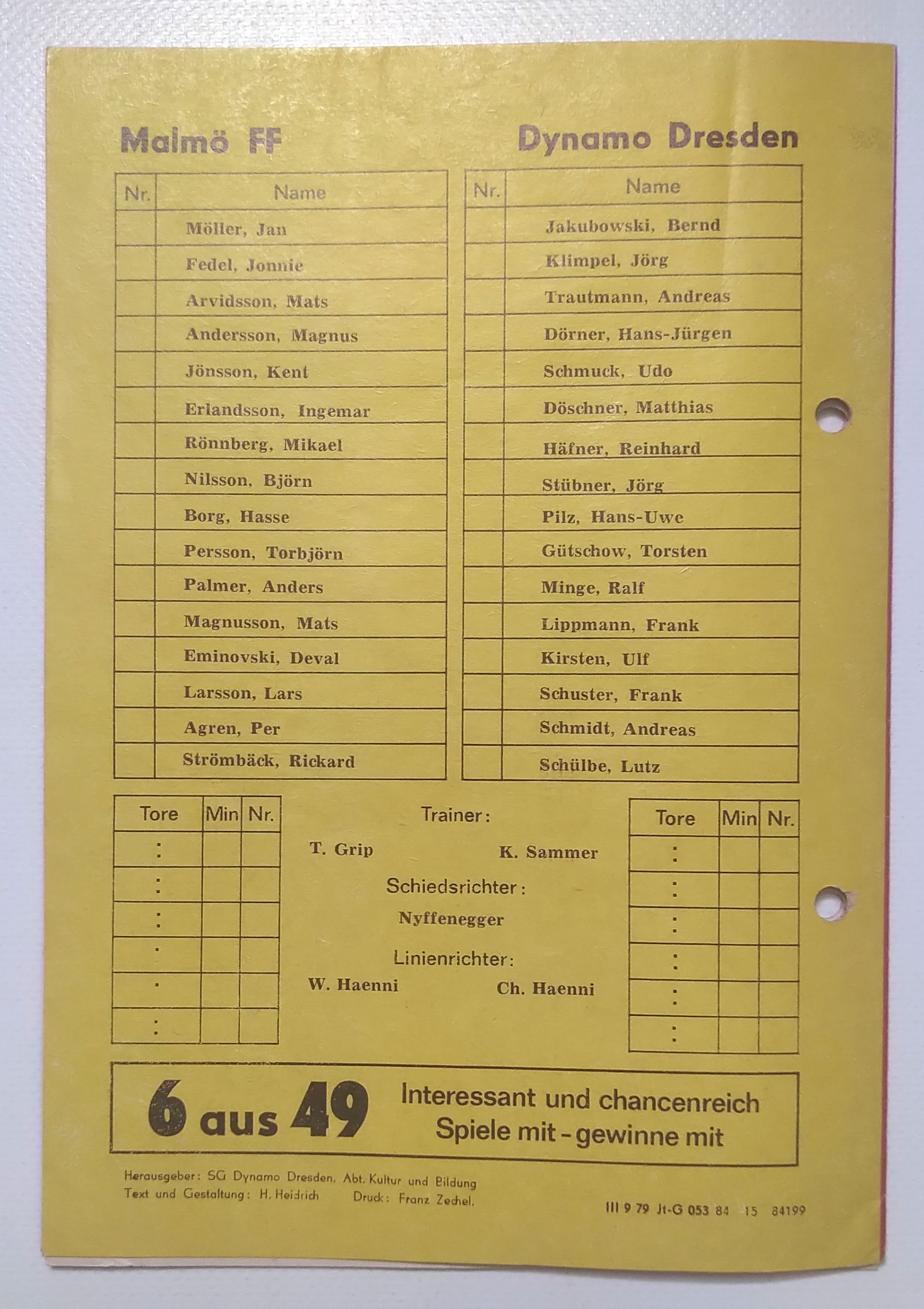 Fußball Programmheft Malmö FF - Dynamo Dresden 1984
