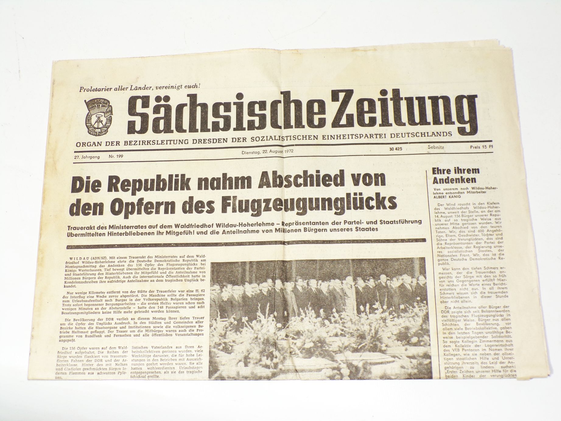 Sächsische Zeitung Nr 199 August Flugzeugunglück Absturz 1972 DDR Unglück