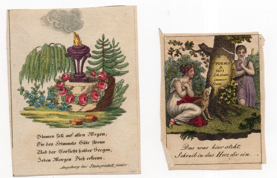 2 x Heiligenbild koloriert Segen Liebe Steingriebell Augsburg um 1850