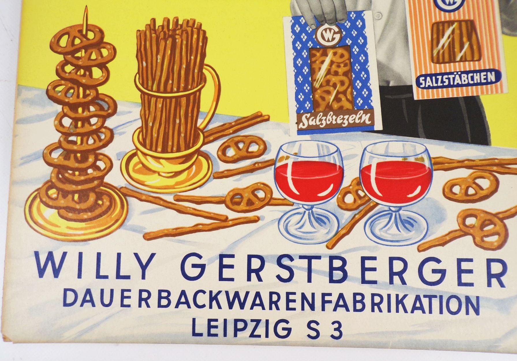 Altes Pappschild Willy Gerstberger Backwaren Leipzig Salzbrezel Salzstangen 