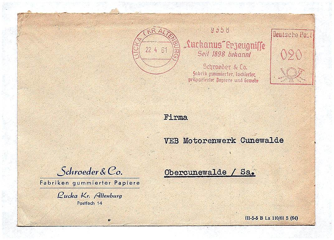 Briefkuvert DDR 1961 Fabriken gummierter Papiere Lucka Altenburg