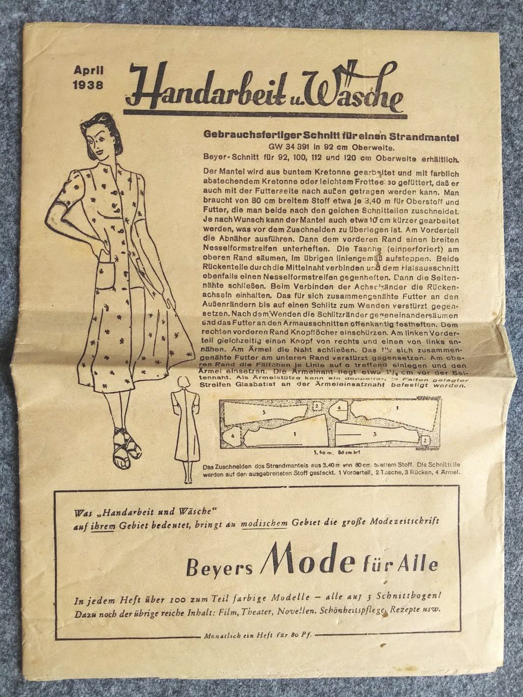 Gebrauchsfertiger Schnitt für einen Strandmantel 1938 Gebrauchsfertiger Schnitt für einen Strandmantel 1938