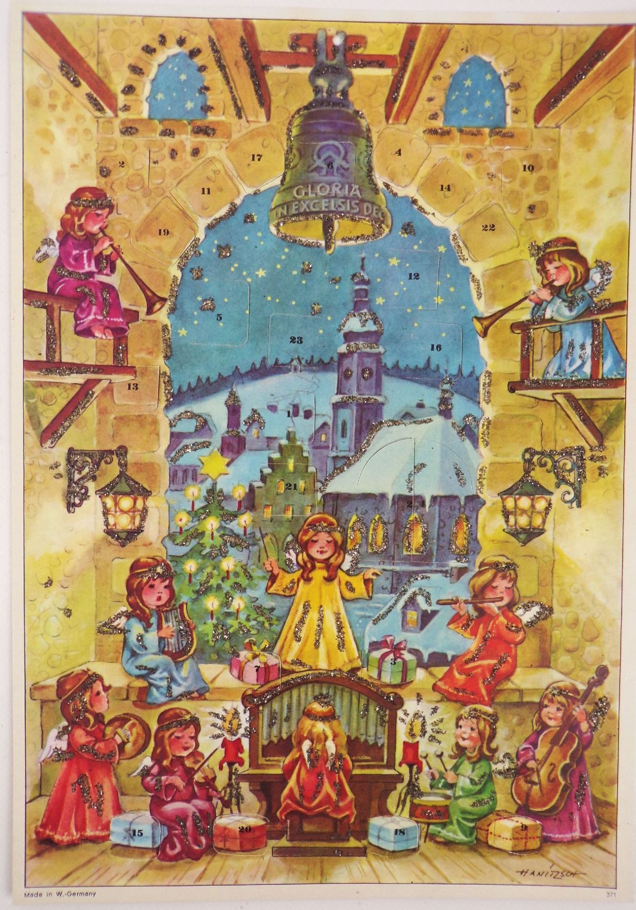 Alter Adventskalender Hanitzsch Engel mit Gloria Glocke Western Germany Glitzer 