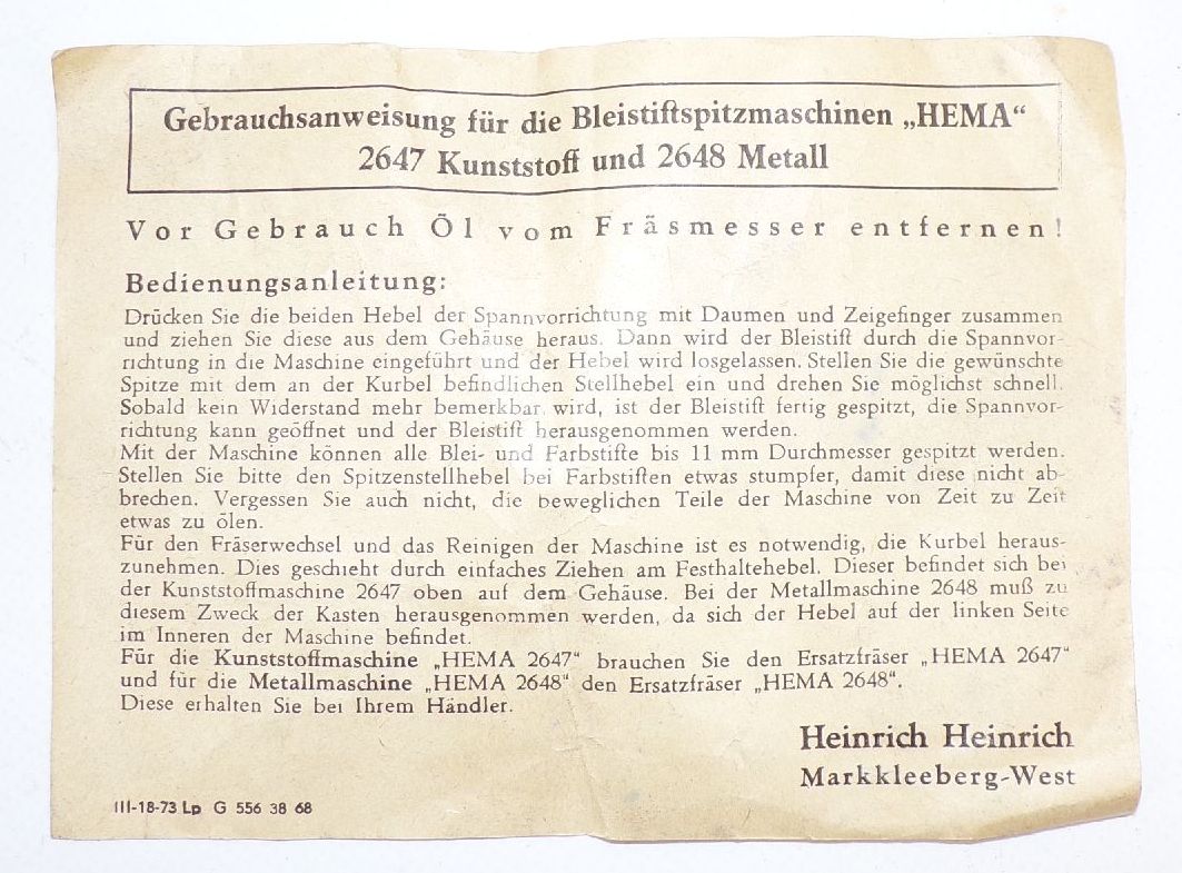 Hema Anspitzmaschine DDR Bleistift Anspitzer mit Originalkarton 1968 Bakelit