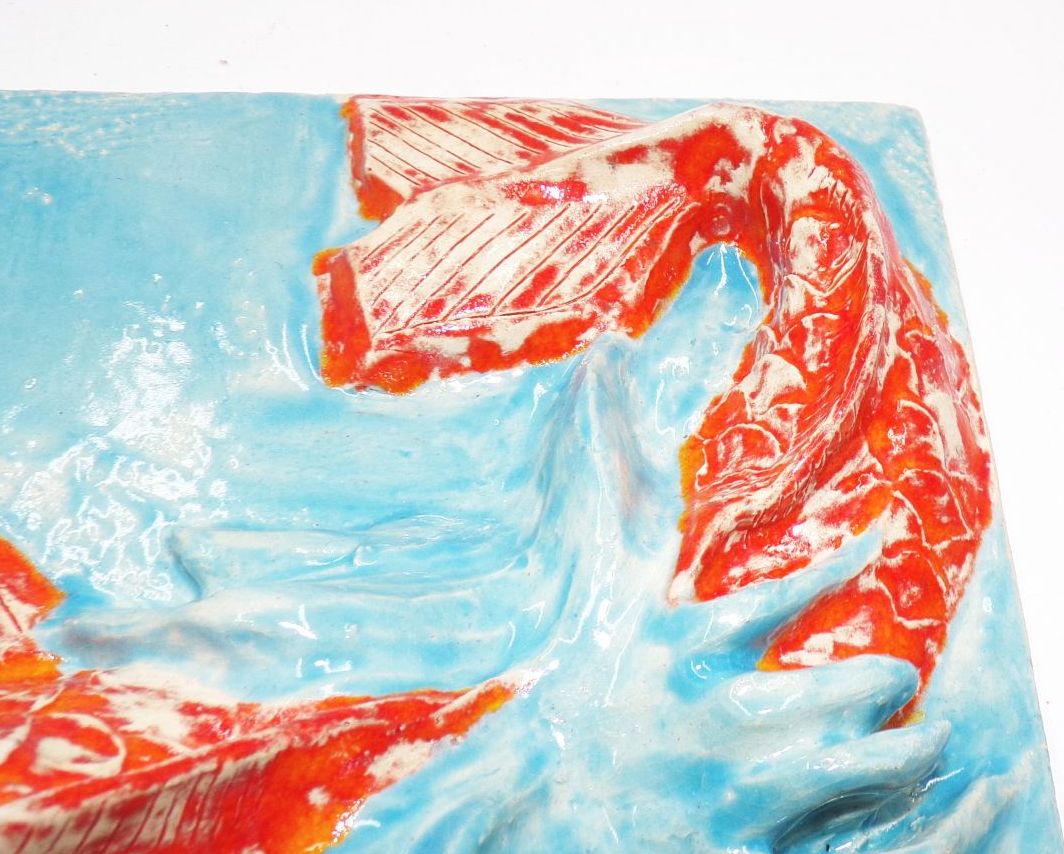 Fliese Koi Fisch plastisches Relief Unikat Handarbeit Deko 