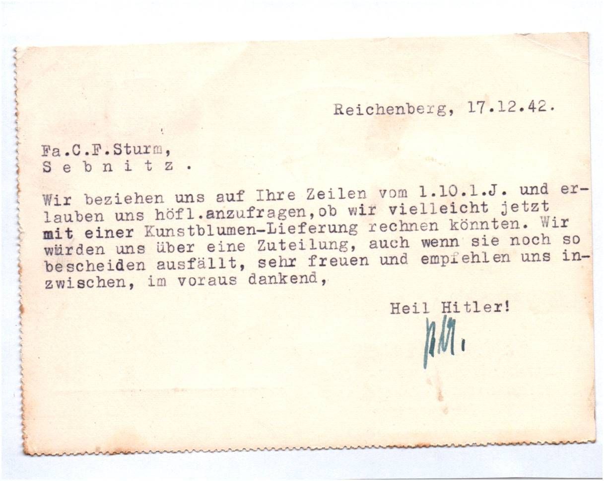 Alte Firmenkarte Willner Stoffe Mode Reichenberg Sudeten 1942 nach Sebnitz Alte Firmenkarte Willner Stoffe Mode Reichenberg Sudeten 1942 nach Sebnitz