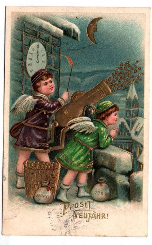 Präge Ak Engel mit Kanone Geldsack Neujahrgruß 1907