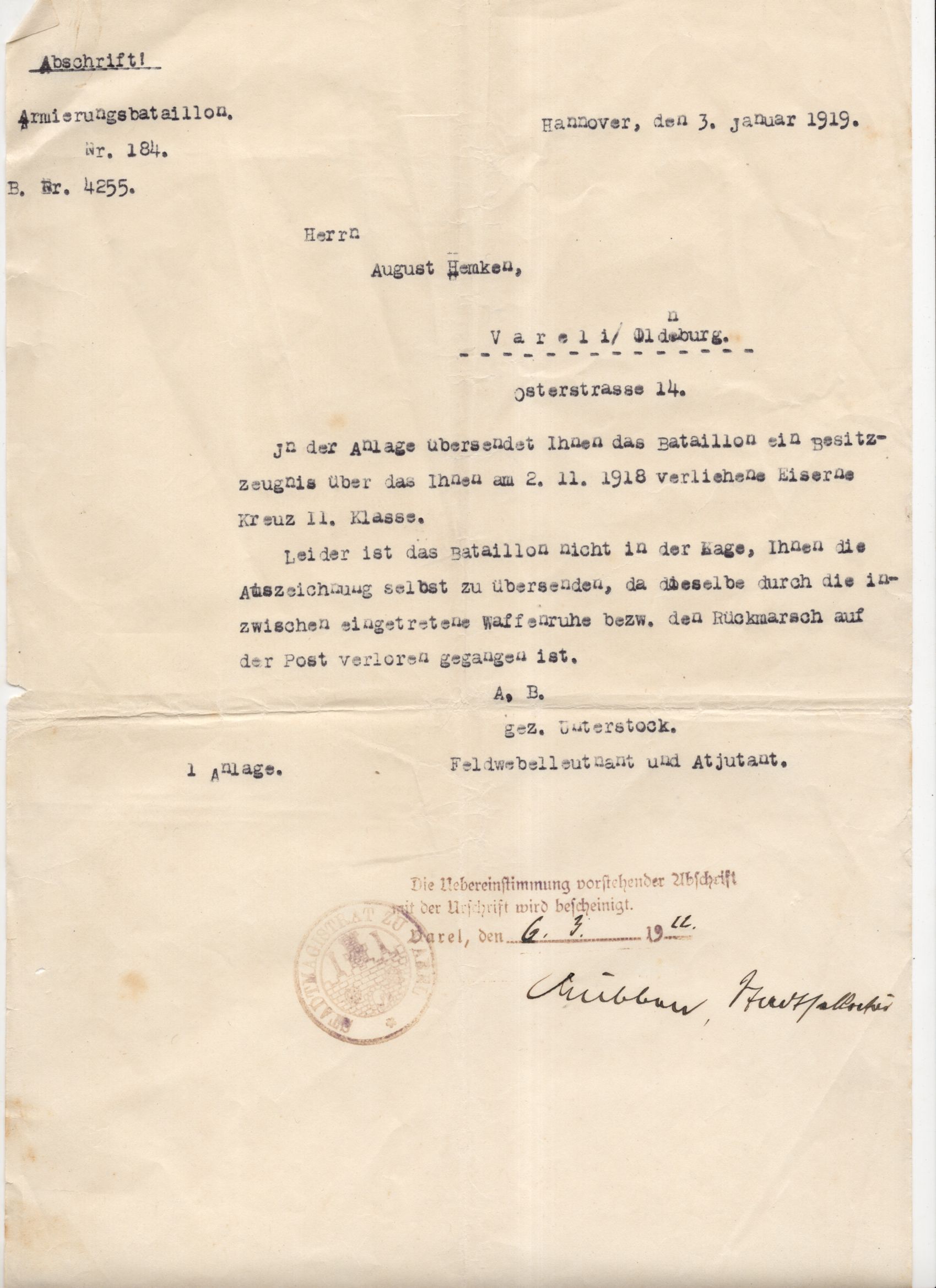 Abschriften Urkunde 1 Wk Armierungsbataillon 184 Hannover 1919 Varel Abschriften Urkunde 1 Wk Armierungsbataillon 184 Hannover 1919 Varel