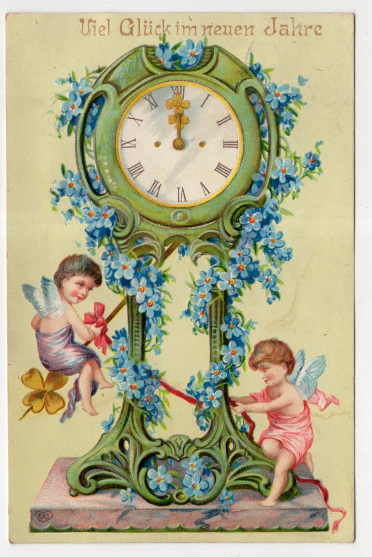 Präge Ak Engel mit Blumen Uhr Neujahr Kitsch Karte