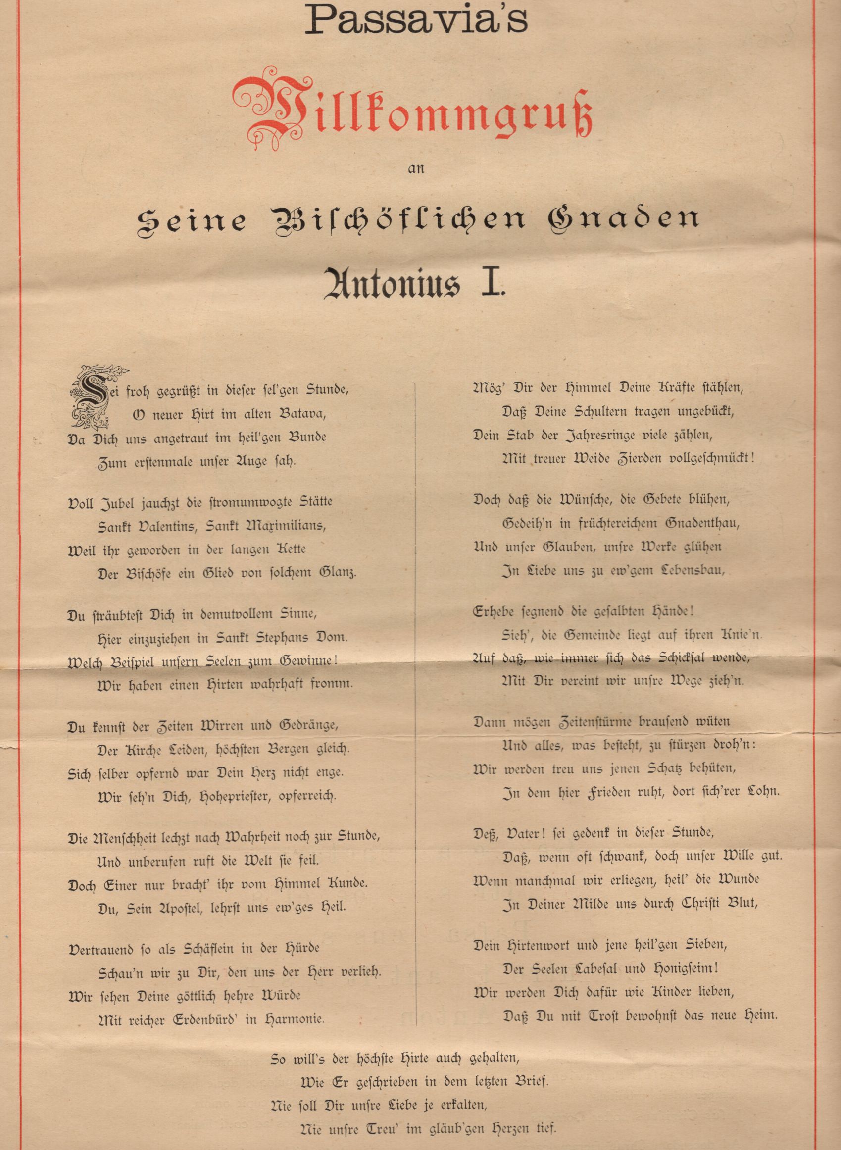 Dokumente Antonius Bischof von Passau 1889 Gruß und Segen