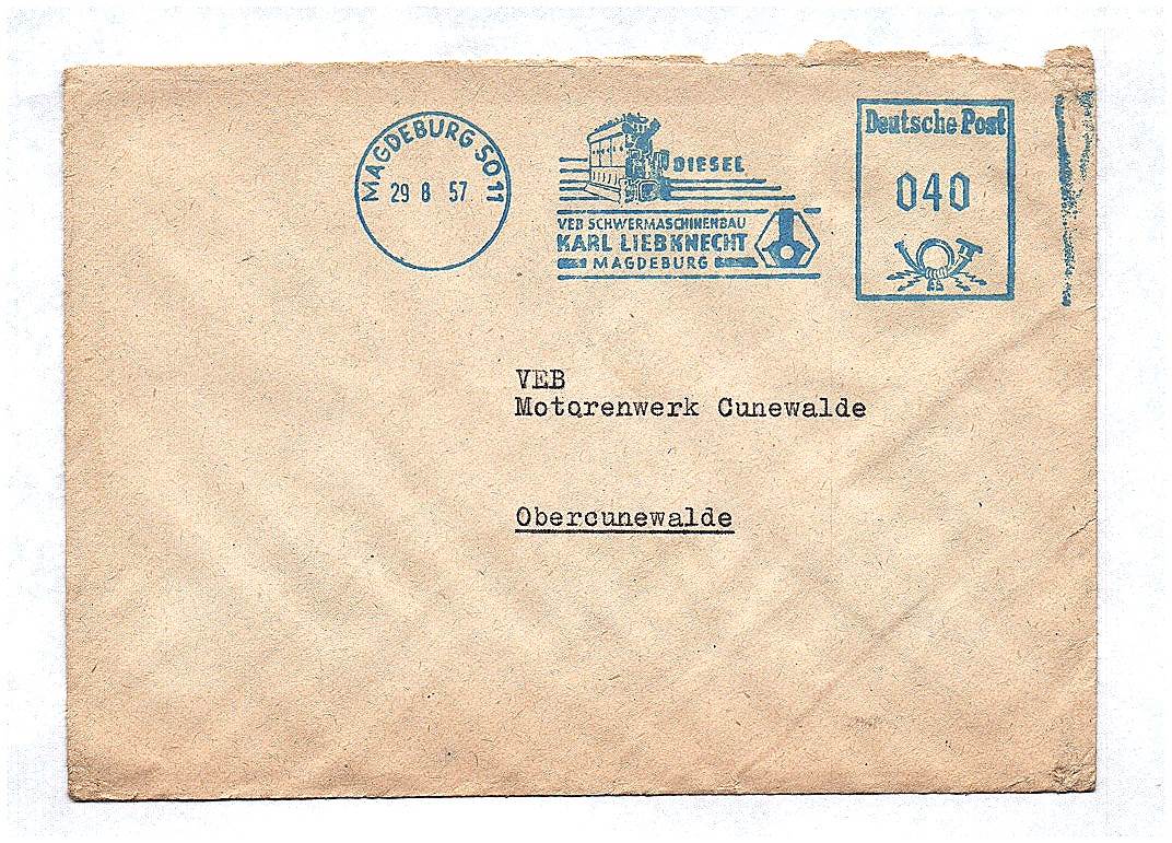 Briefkuvert VEB Motorenwerk Cunewalde VEB Schwermaschinenbau Karl Liebknecht 1957