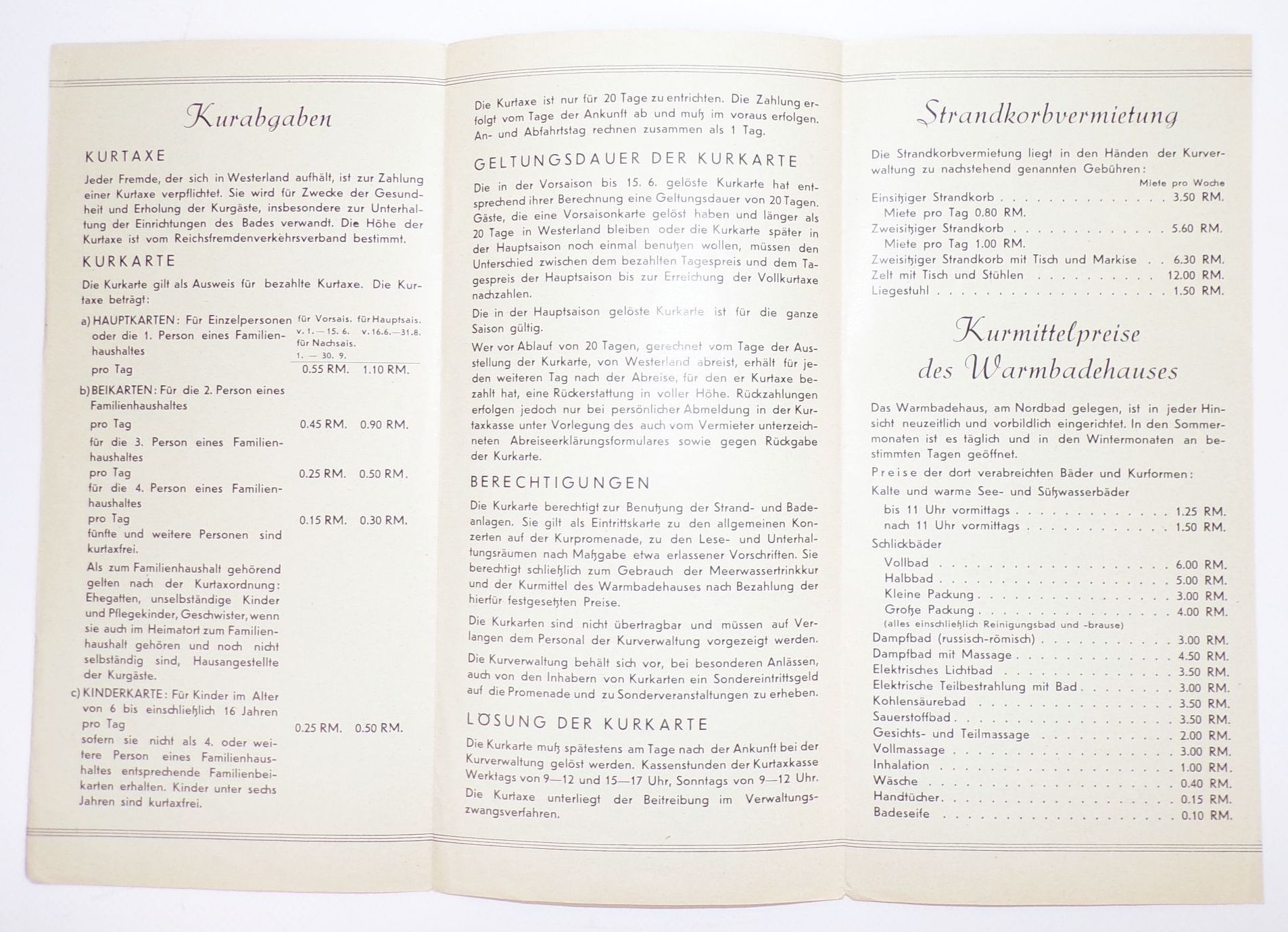 Westerland Sylt Prospekt 1939 mit Stadtplan Kurtaxe 