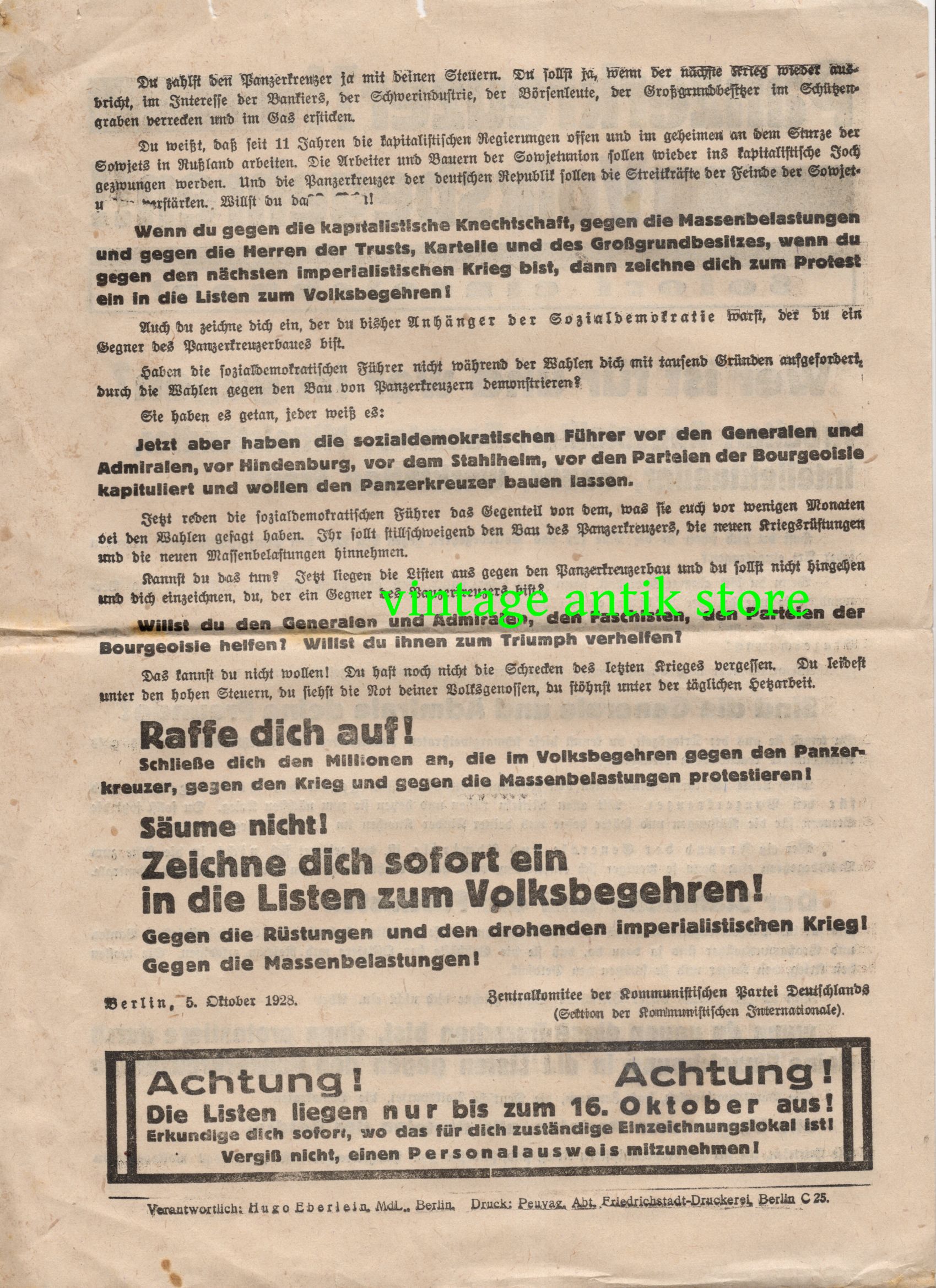 Panzerkreuzerbau Volksbegehren 1929 Wahl Politik KPD Berlin 2 x Flugblatt