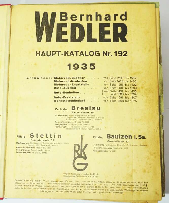 Katalog Bernhard Wedler Breslau Stettin Bautzen 1935 Motorrad Auto Zubehör Oldtimer 