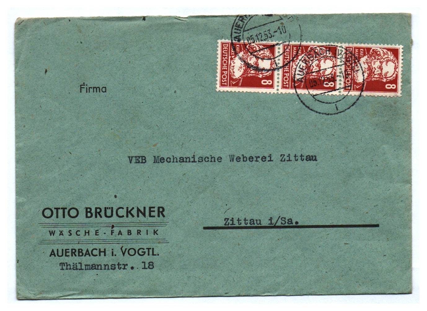 Brief DDR Otto Brückner Wäsche Fabrik Auerbach Vogtland 1953 Brief DDR Otto Brückner Wäsche Fabrik Auerbach Vogtland 1953
