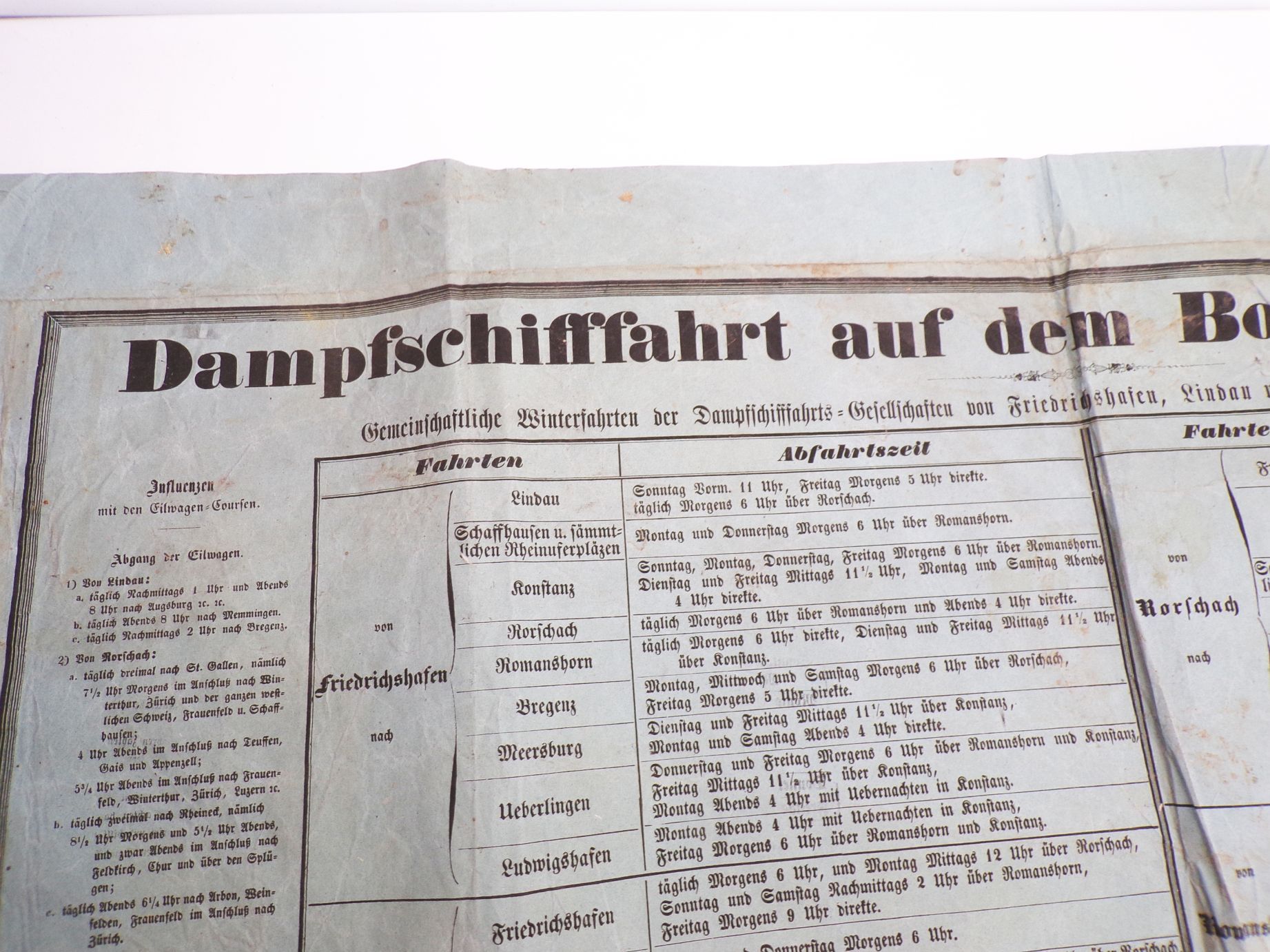 Alter Fahrplan Dampfschifffahrt aus den Bodensee und Rhein 1852 Alter Fahrplan Dampfschifffahrt aus den Bodensee und Rhein 1852