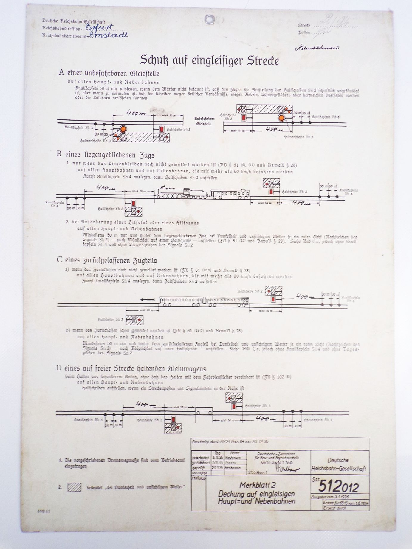 Altes Reichsbahn Schild Deckung auf eingleisiger Strecke 1934 Berlin Aushang