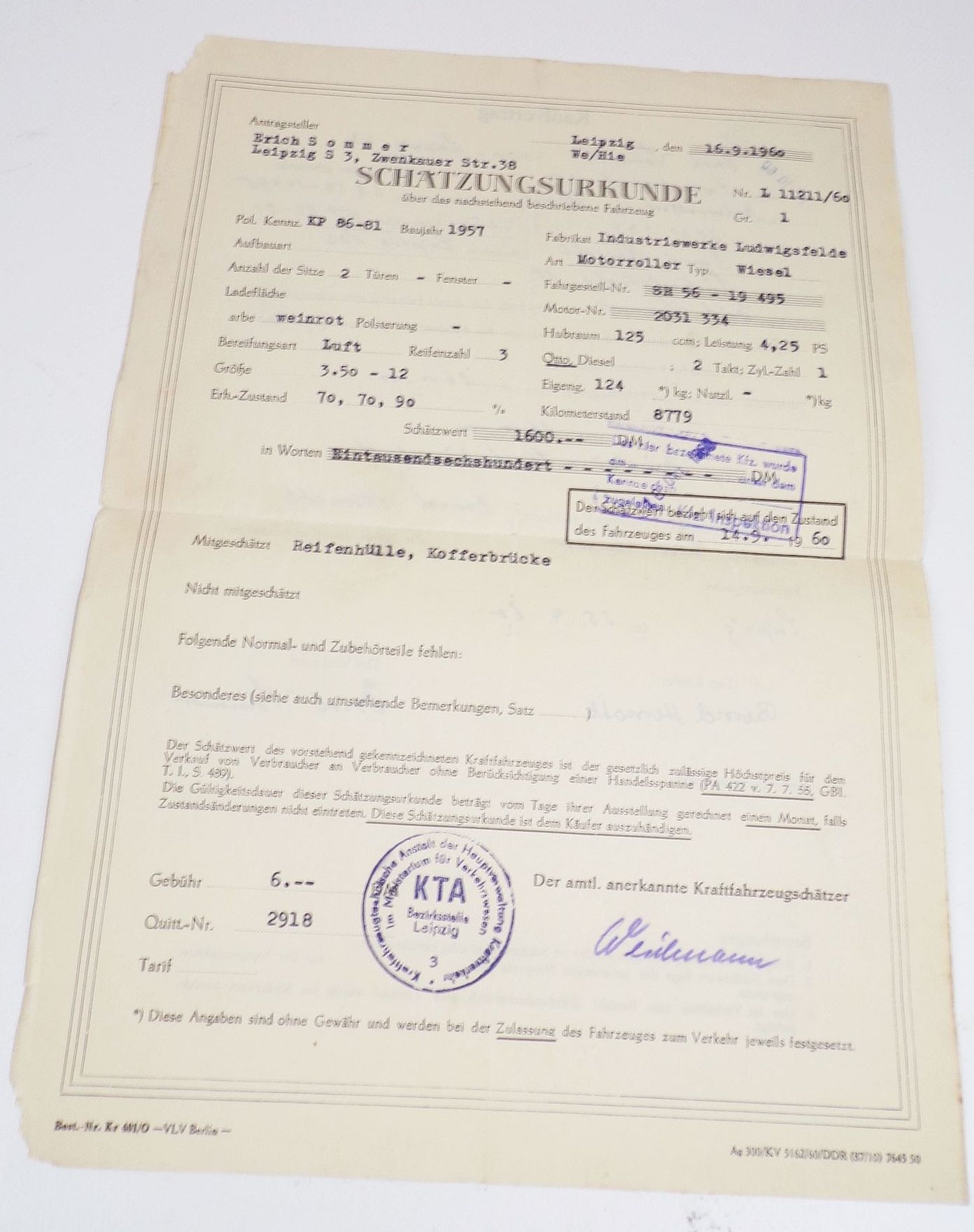 DDR Kfz Brief Wiesel IWL SR56 Motorroller BJ 1957 