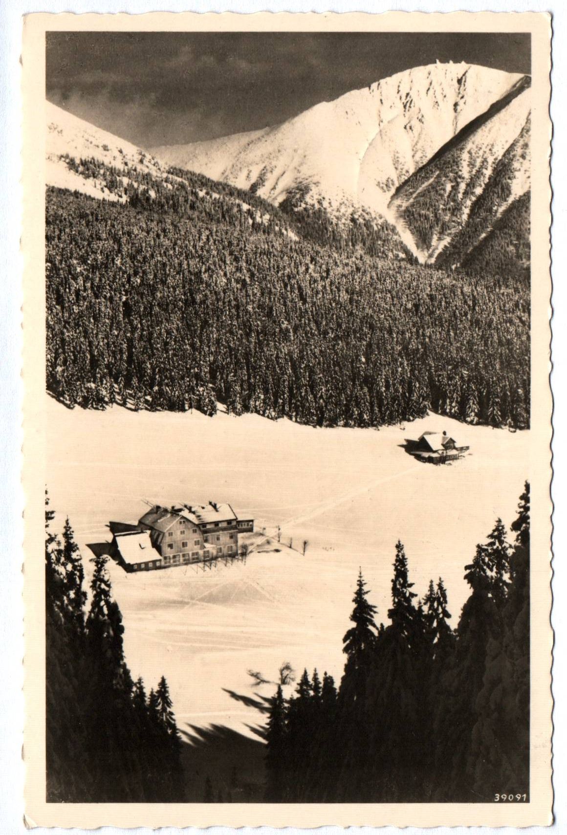Foto Ak Riesengebirge Blaugrundbaude mit Schneekoppe 1939