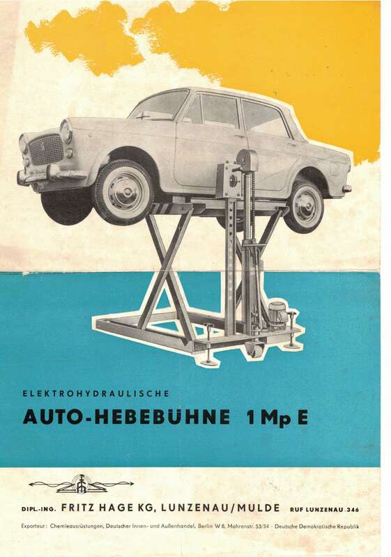 Werbeblatt Auto Hebebühne 1MpE Fritz Hage KG Lunzenau Mulde 1965 DDR  