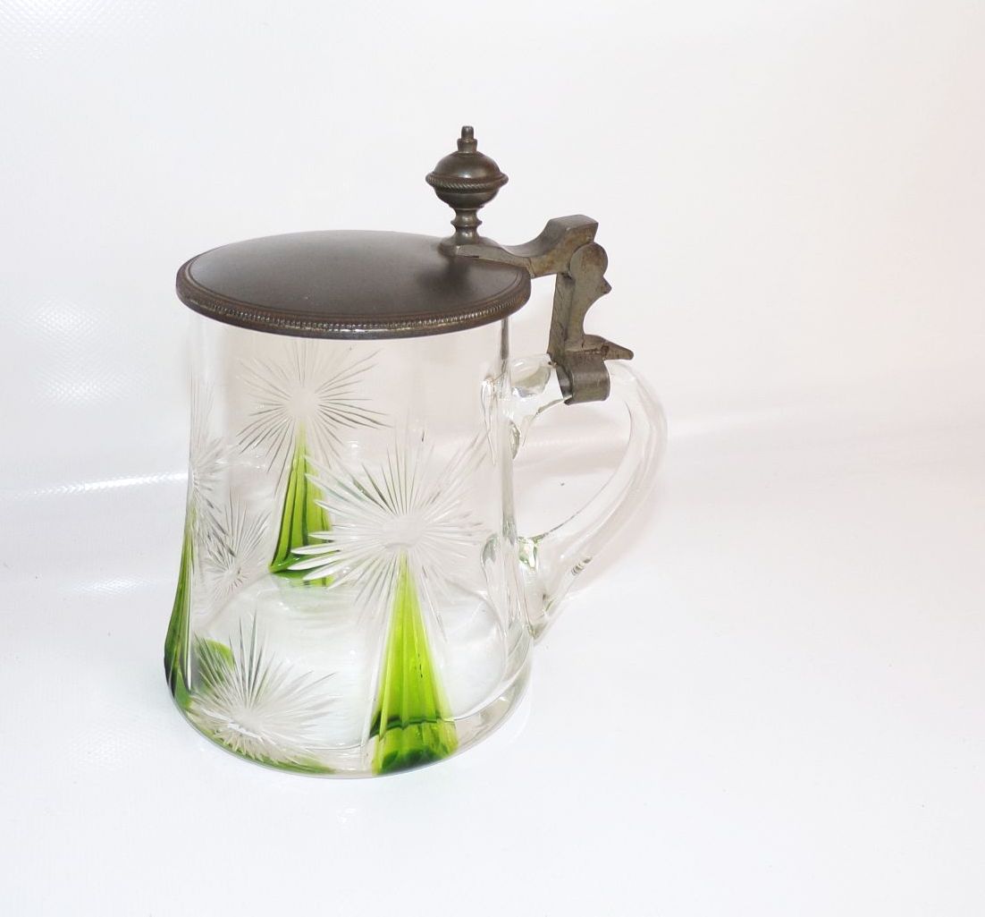 Jugendstil Bierkrug Glas Humpen Zinndeckel Grün Geschliffenes Dekor Jugendstil Bierkrug Glas Humpen Zinndeckel Grün Geschliffenes Dekor