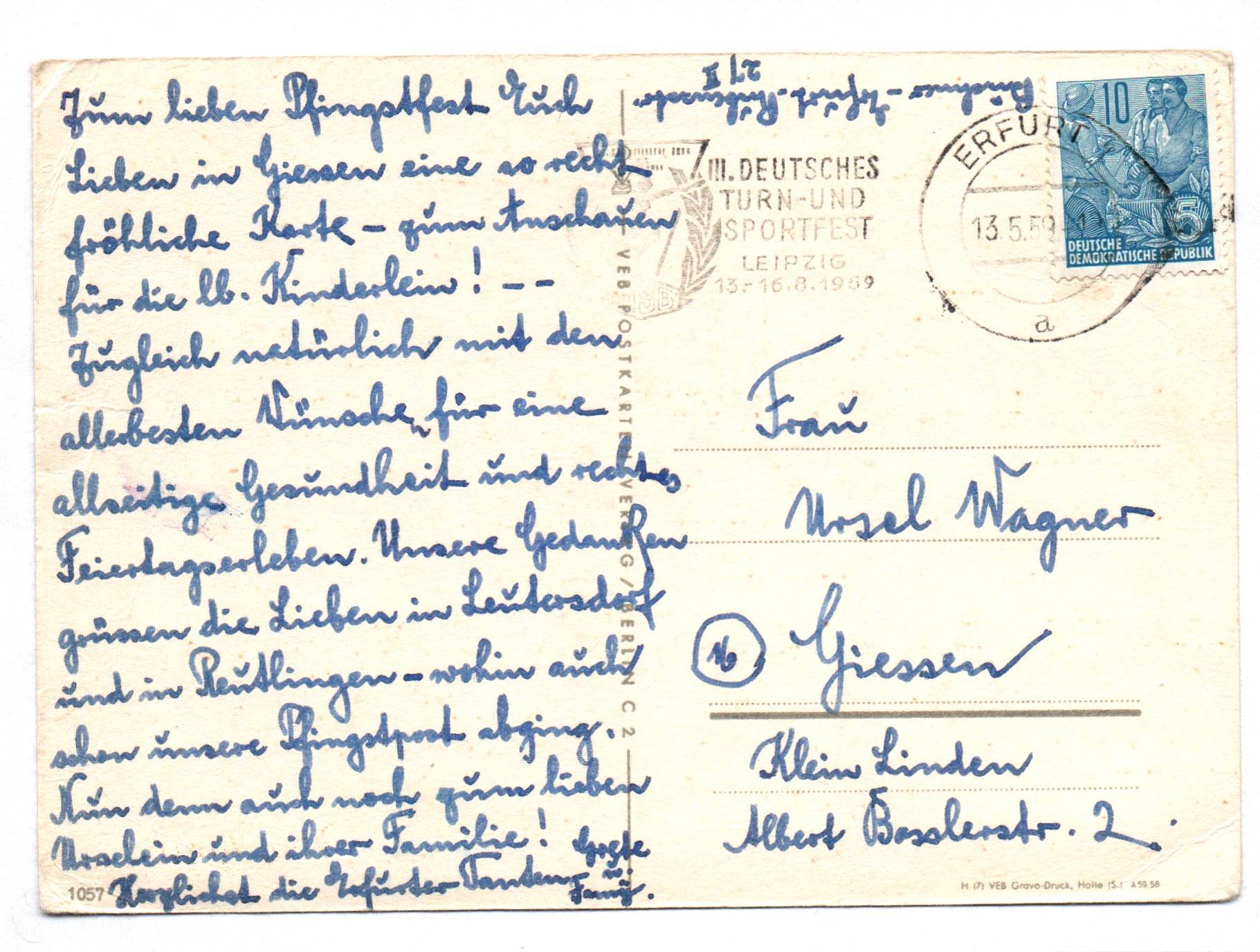 Ak Die besten Pfingstgrüße Grußkarte Postkarte Pfingsten DDR 1959