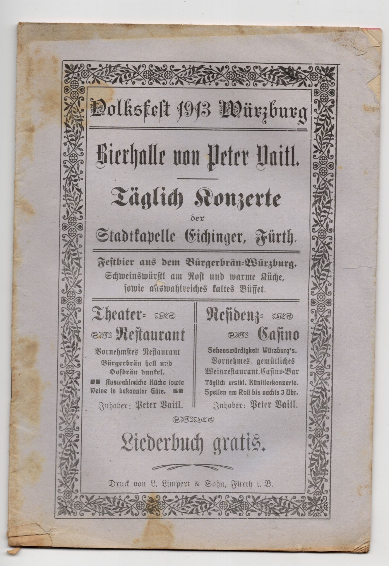Volksfest 1913 Würzburg Lieder Heft 