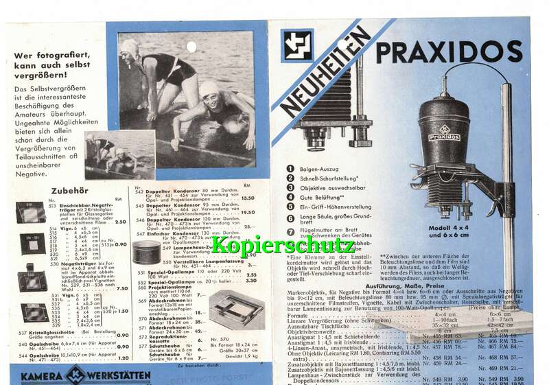 Faltblatt Praxidos Vergrößerer Fotozubehör Guthe & Thorsch Dresden 1930er 