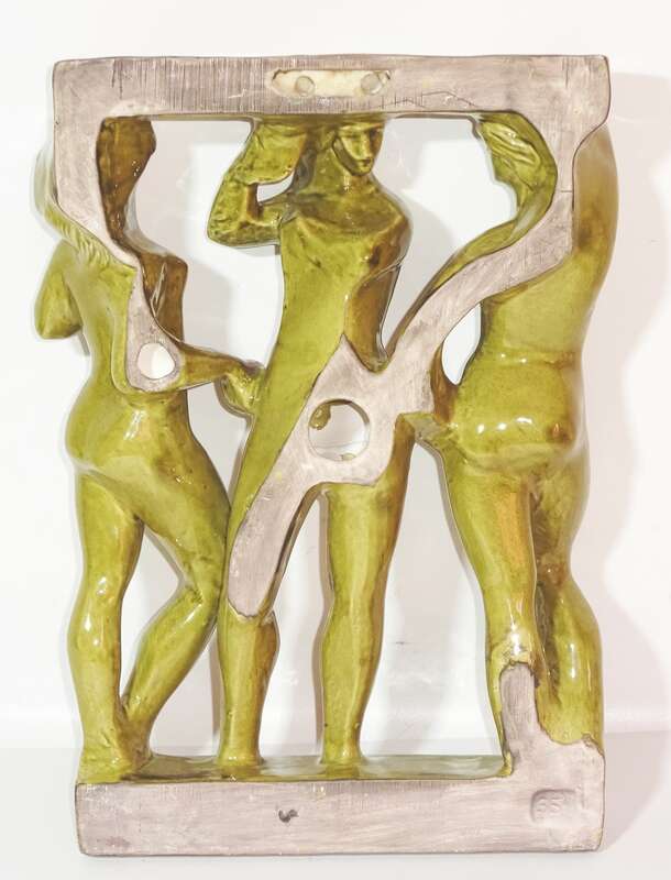 Alte Keramik Figur Die drei Grazien Zdenek Farnik 1960er Mid Century Wandrelief nummiert