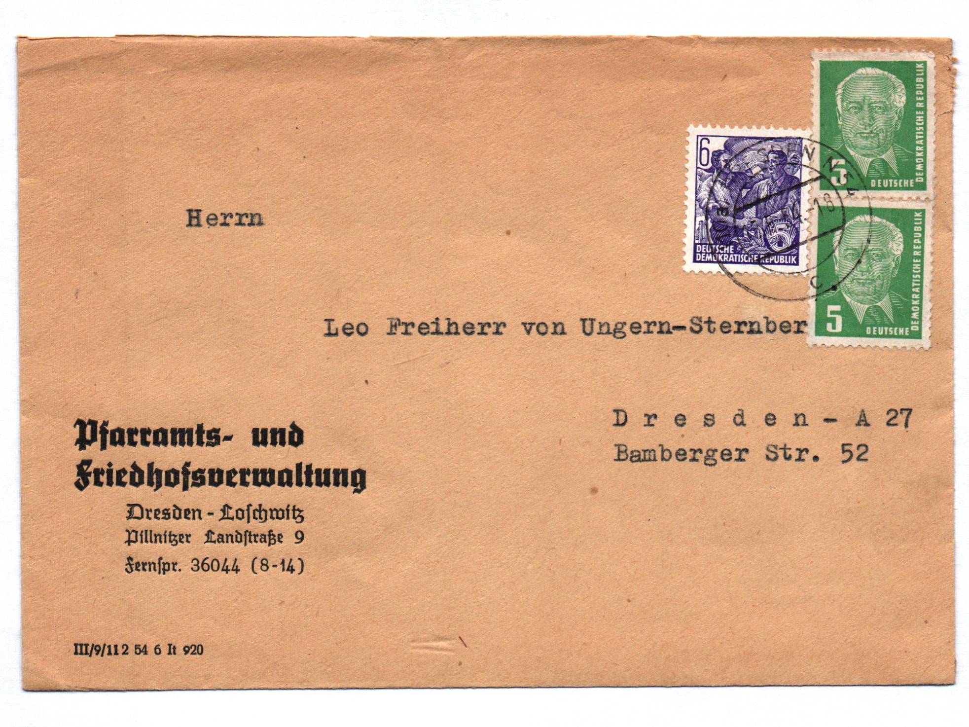Brief Pfarramts und Friedhofsverwaltung Dresden Loschwitz 1954