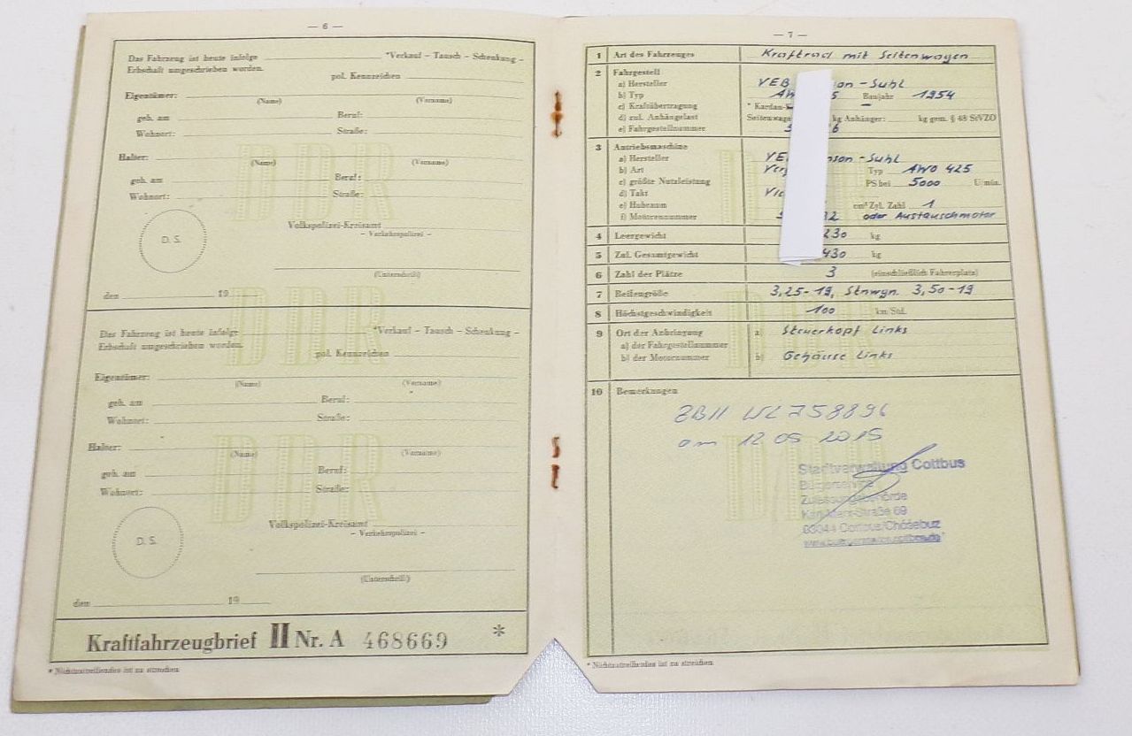 Kfz Brief AWO 425 Simson Suhl Baujahr 1954 DDR